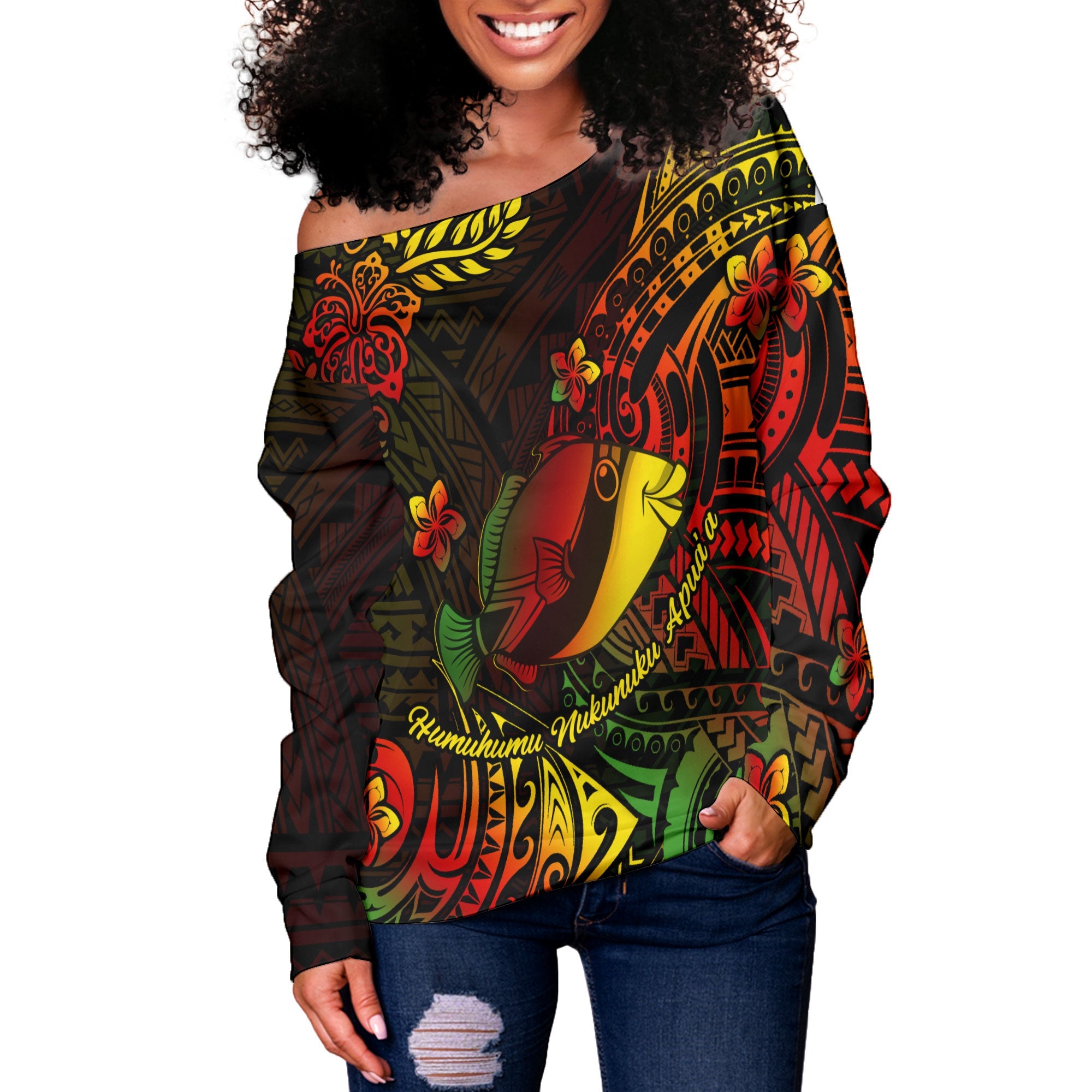 Hawaii Humuhumu Fish Women Off Shoulder Sweatshirt Reggae Style