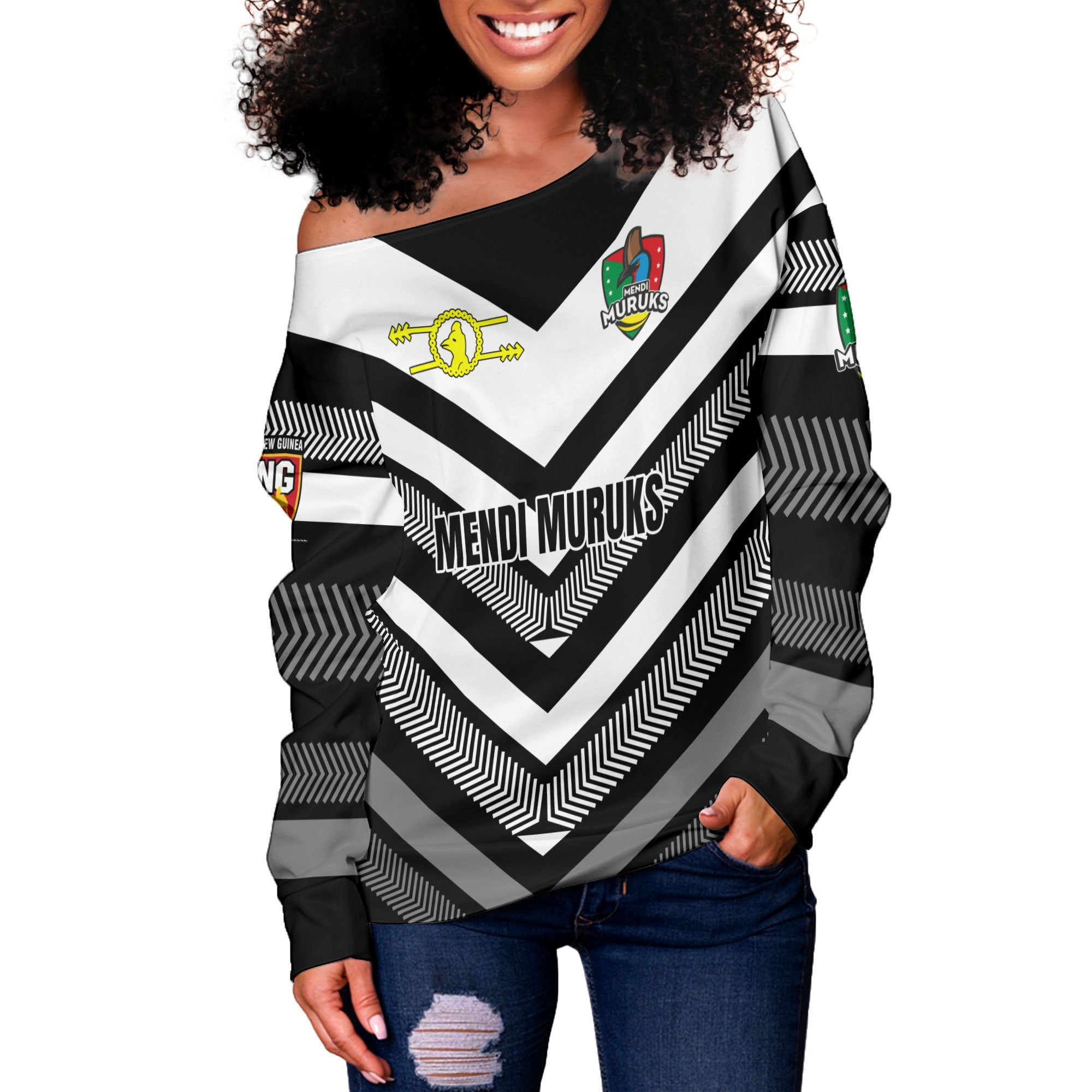 Custom Mendi Muruks Women Off Shoulder Sweatshirt Papua New Guinea Rugby Black & White Style