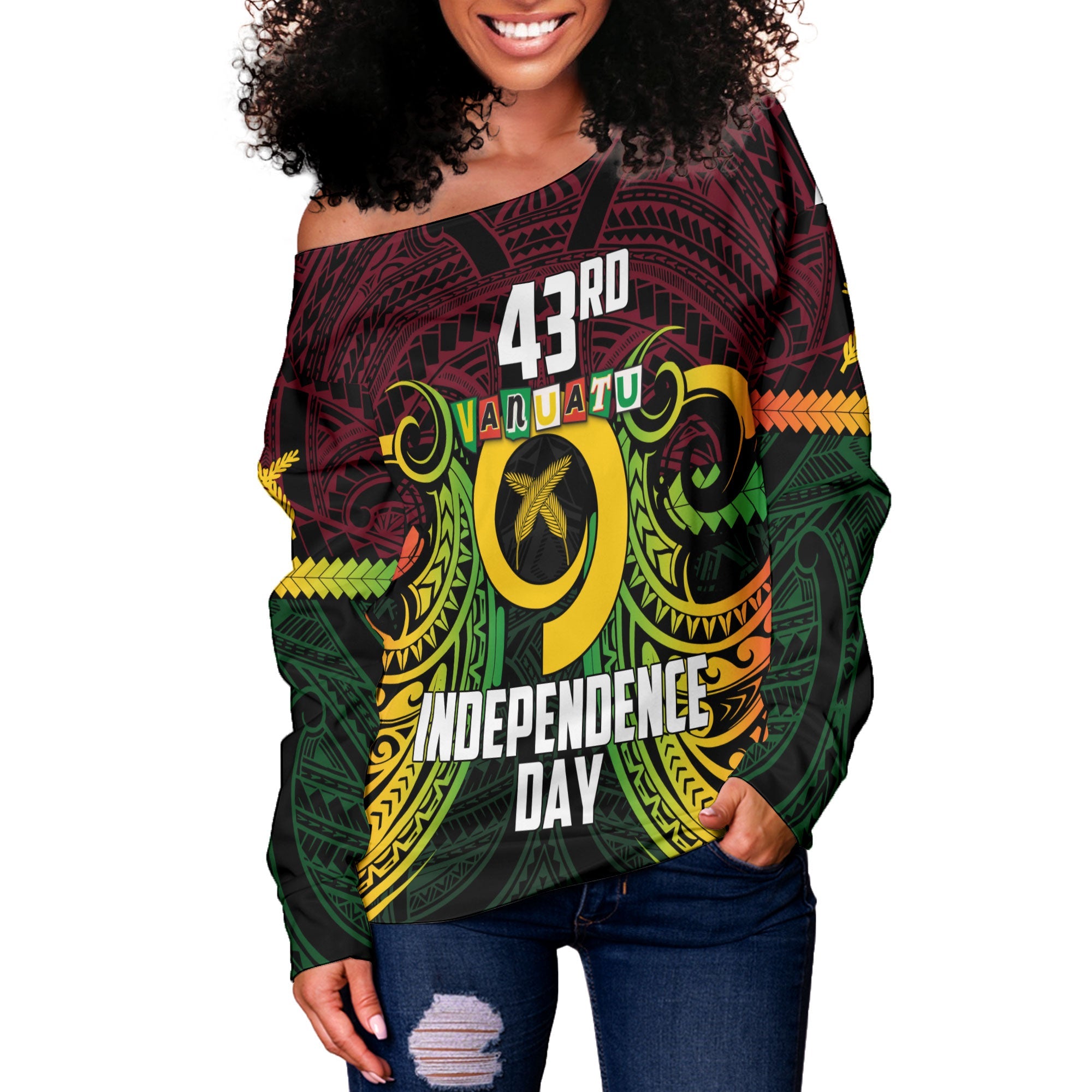 Vanuatu Women Off Shoulder Sweatshirt Independence Day 43rd Anniversary Style 2