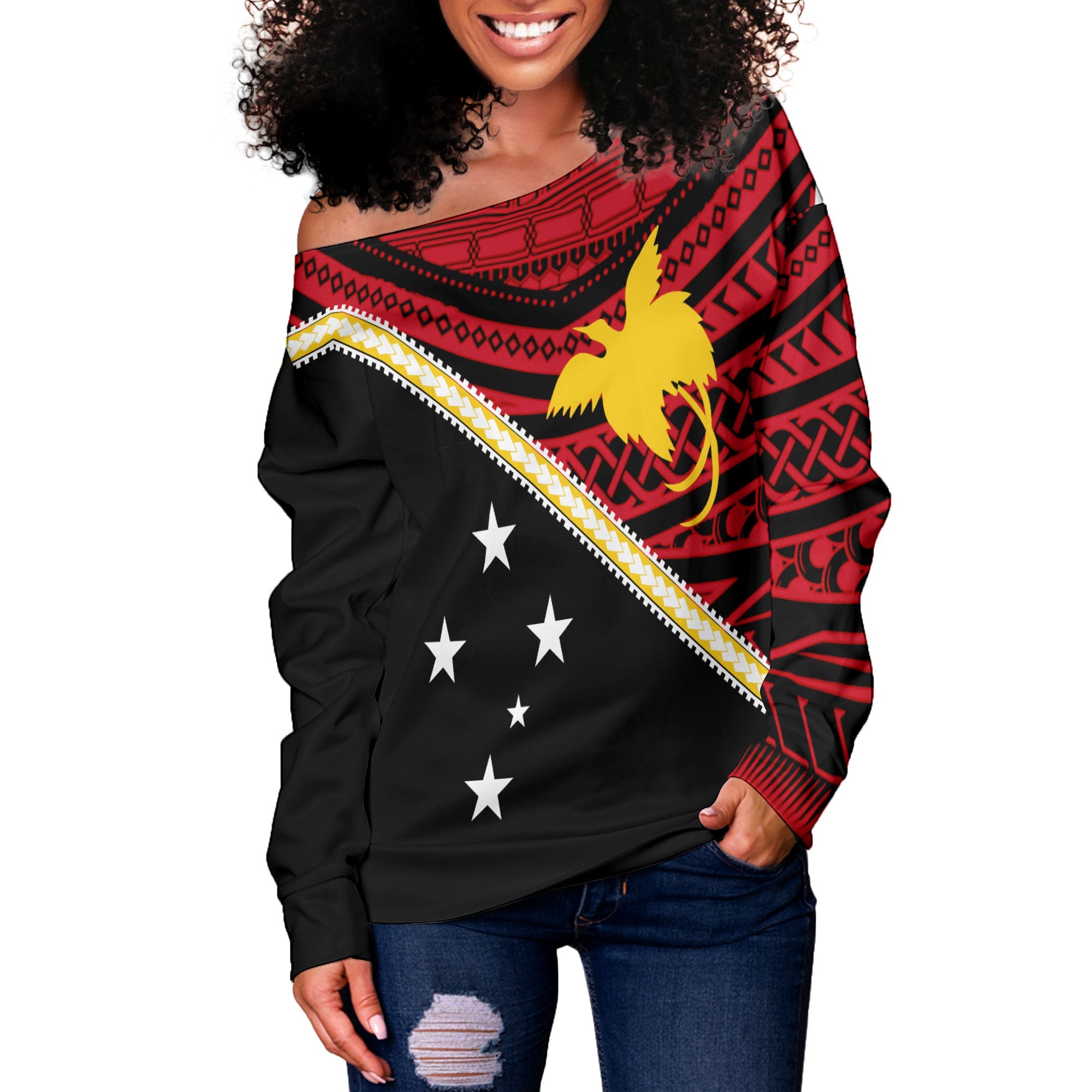 Papua New Guinea Women Off Shoulder Sweatshirt Polynesian Flag Style