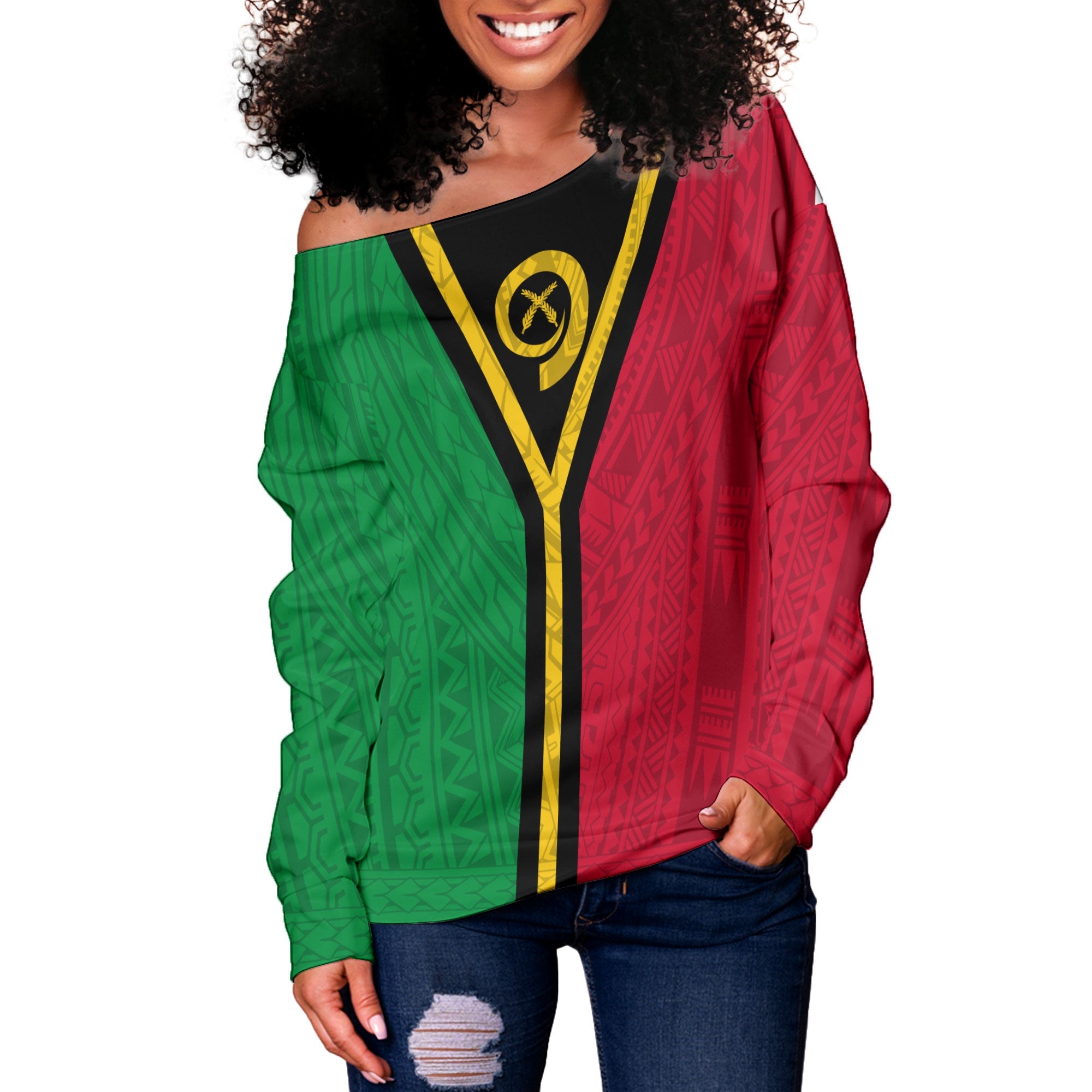 Vanuatu Women Off Shoulder Sweatshirt Polynesian Flag Style