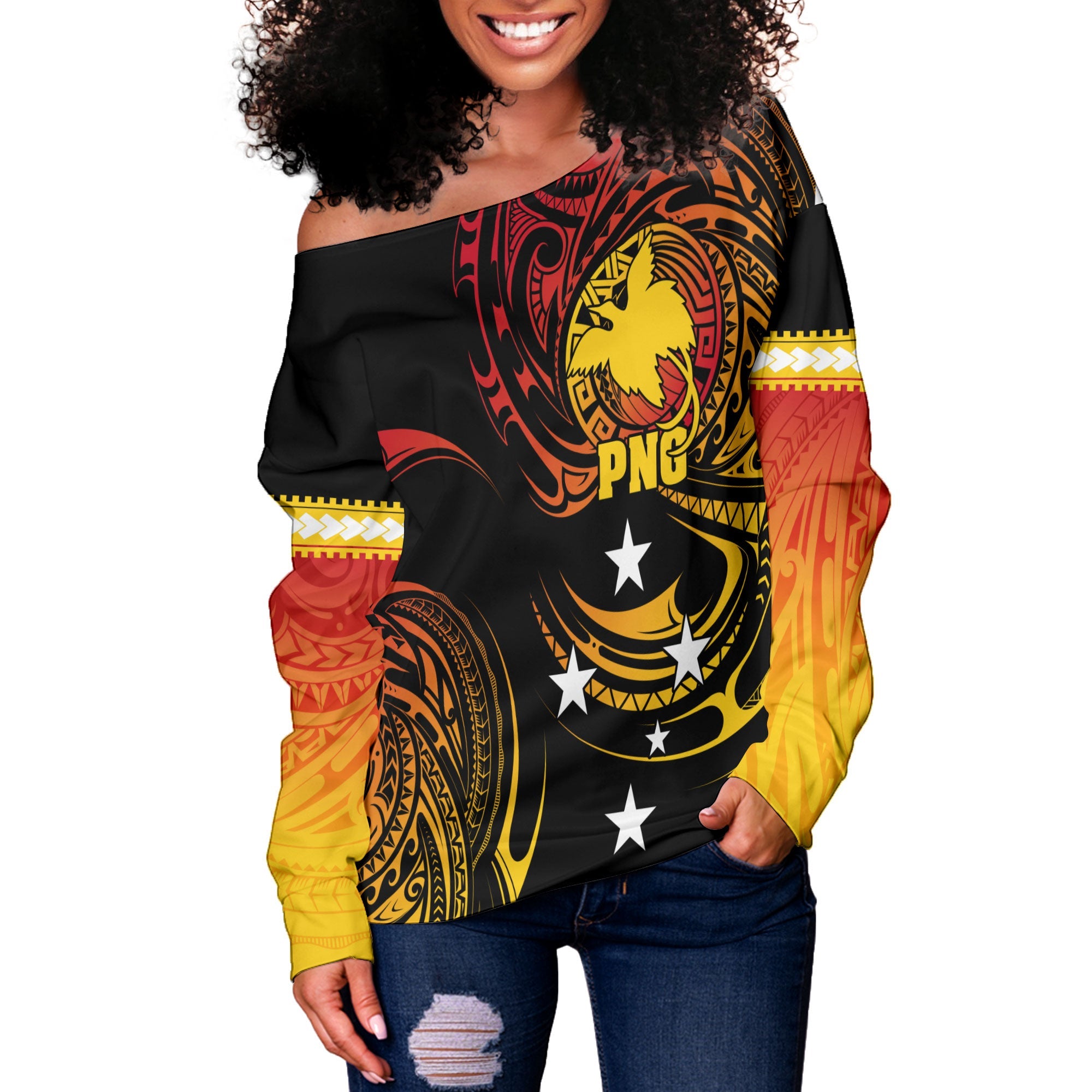 Papua New Guinea Women Off Shoulder Sweatshirt Huli Wigmen Style