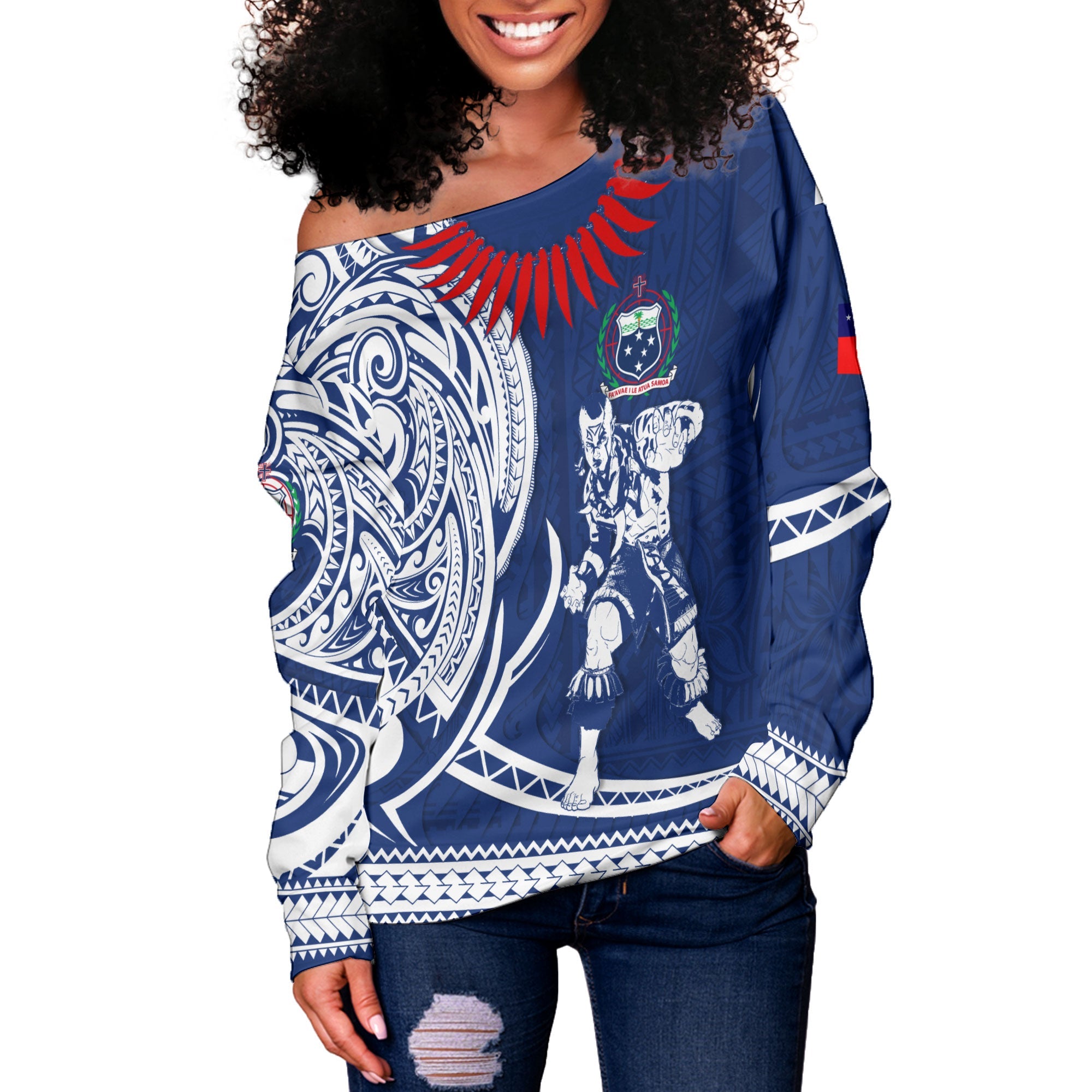 Custom Samoa Women Off Shoulder Sweatshirt Warrior Ula Nifo Style