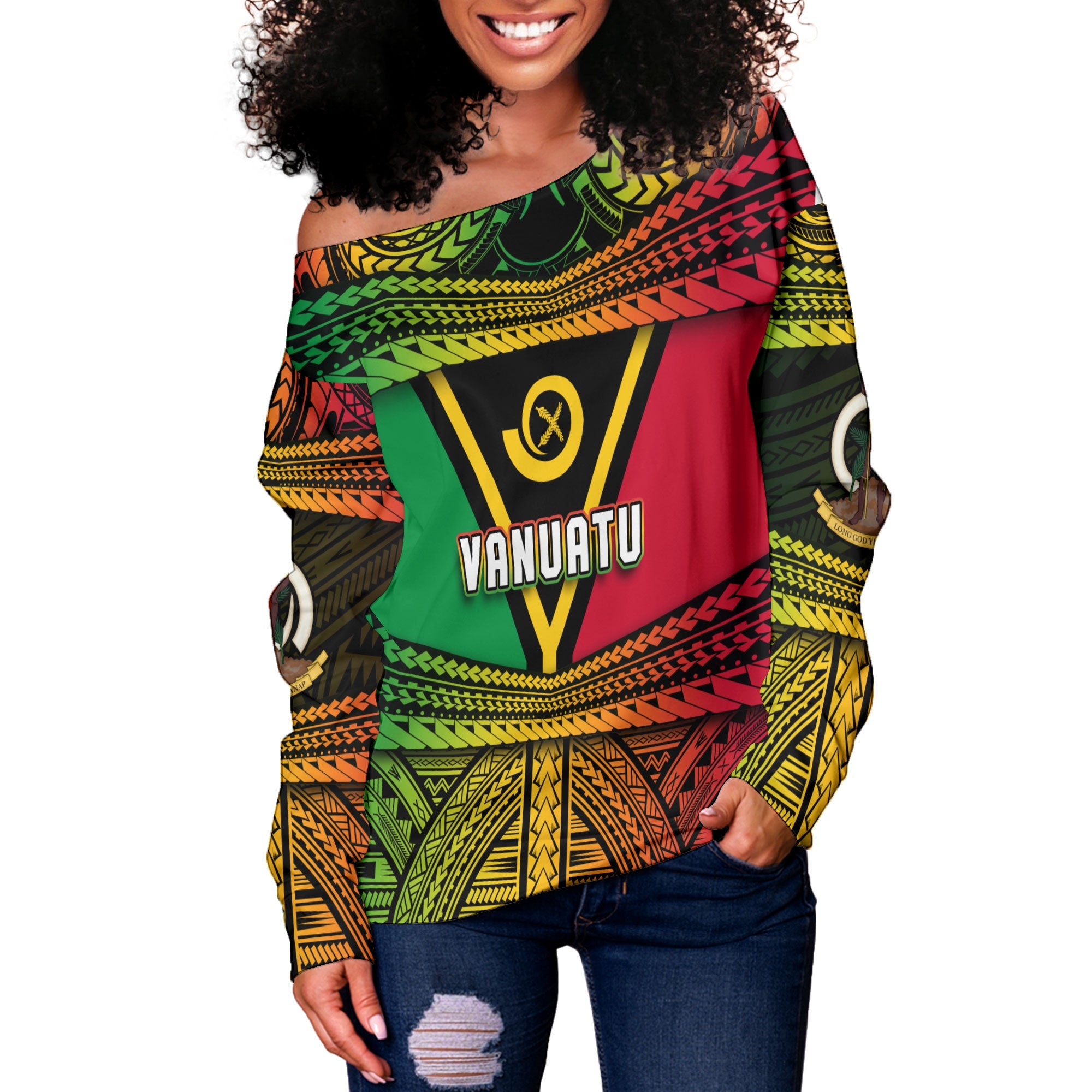 Custom Vanuatu Flag & Coat Of Arms Women Off Shoulder Sweatshirt Reggae Style