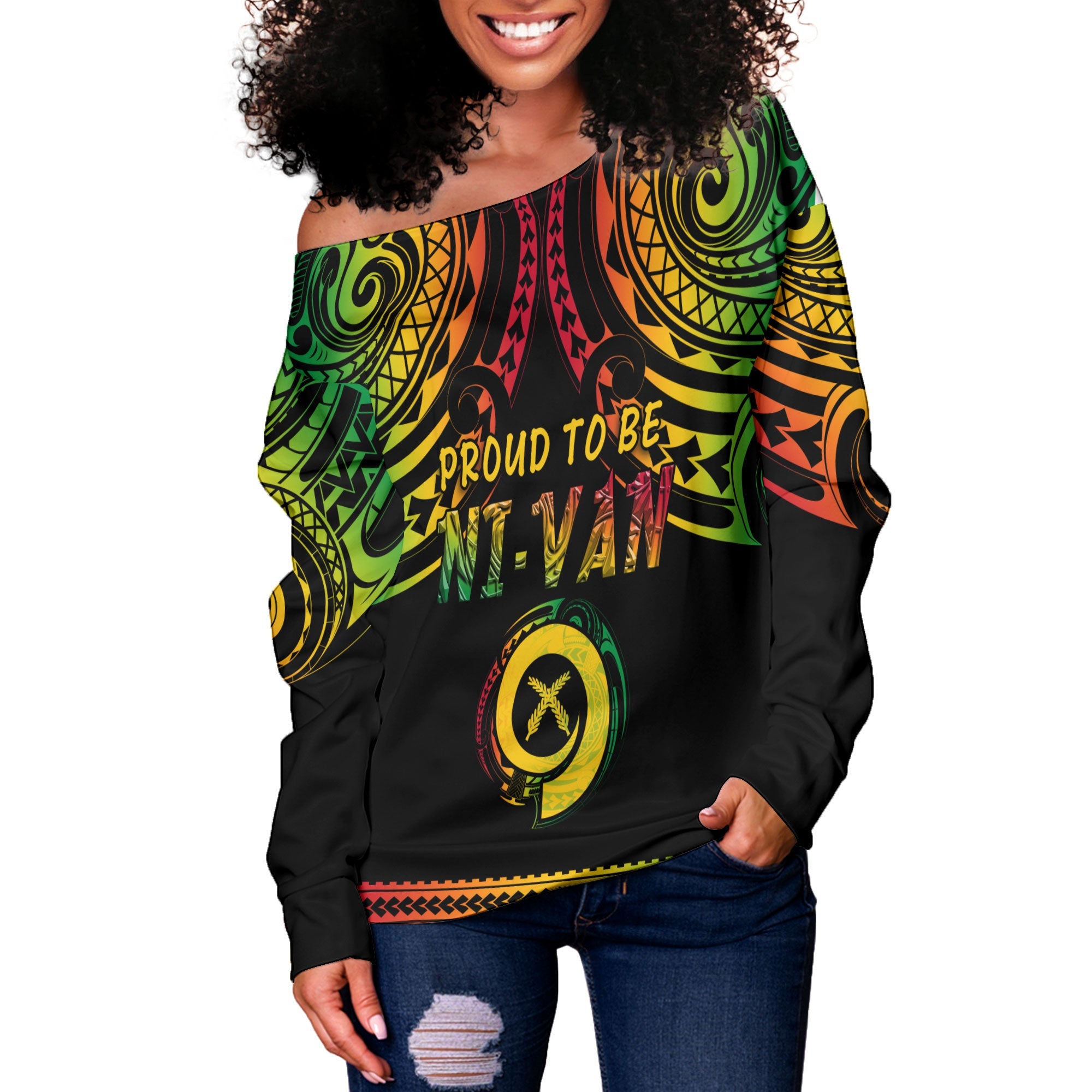 Vanuatu Proud To Be Ni-Van Women Off Shoulder Sweatshirt Coat Of Arms Reggae Style