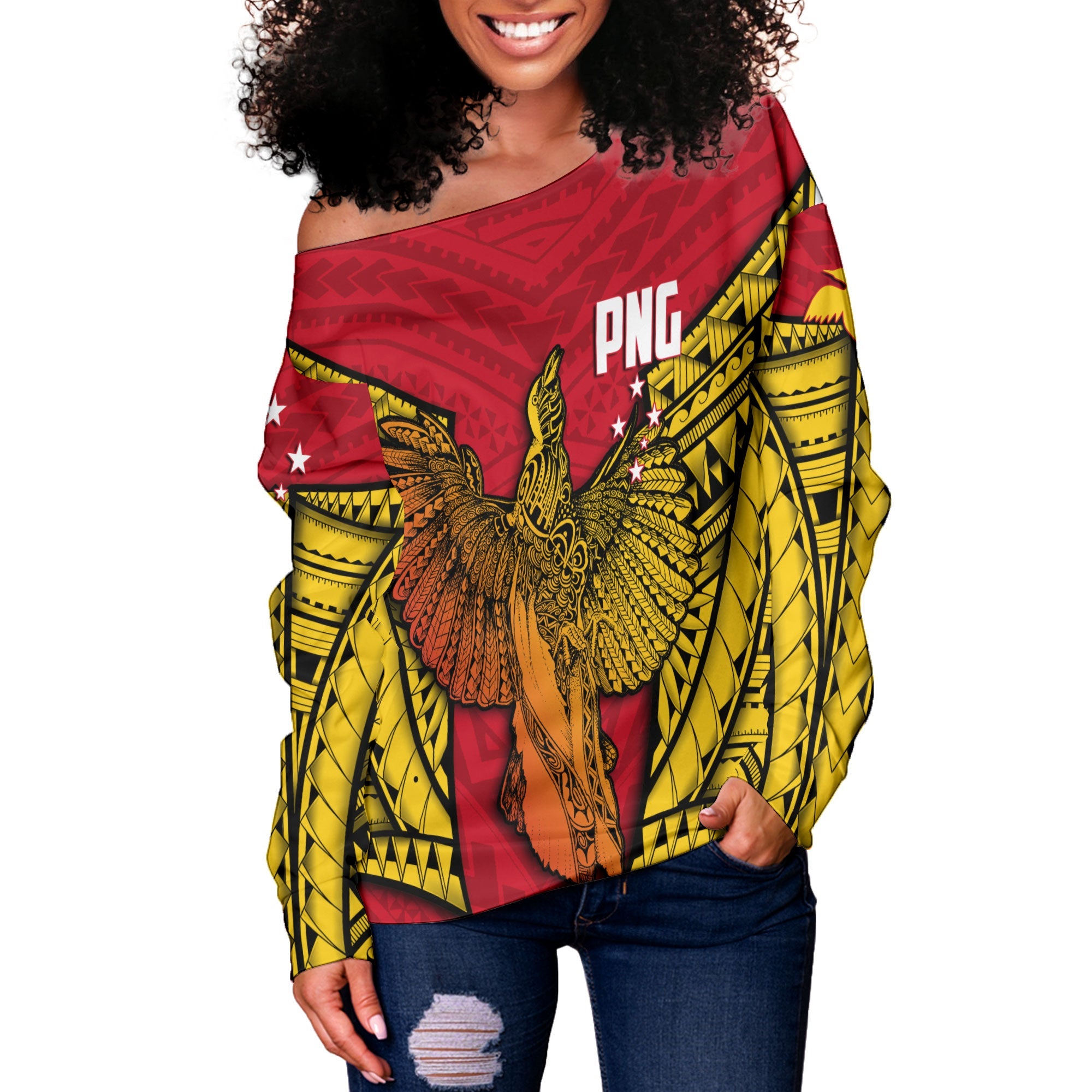 Papua New Guinea Independence Day Women Off Shoulder Sweatshirt Raggiana Bird of Paradise Style