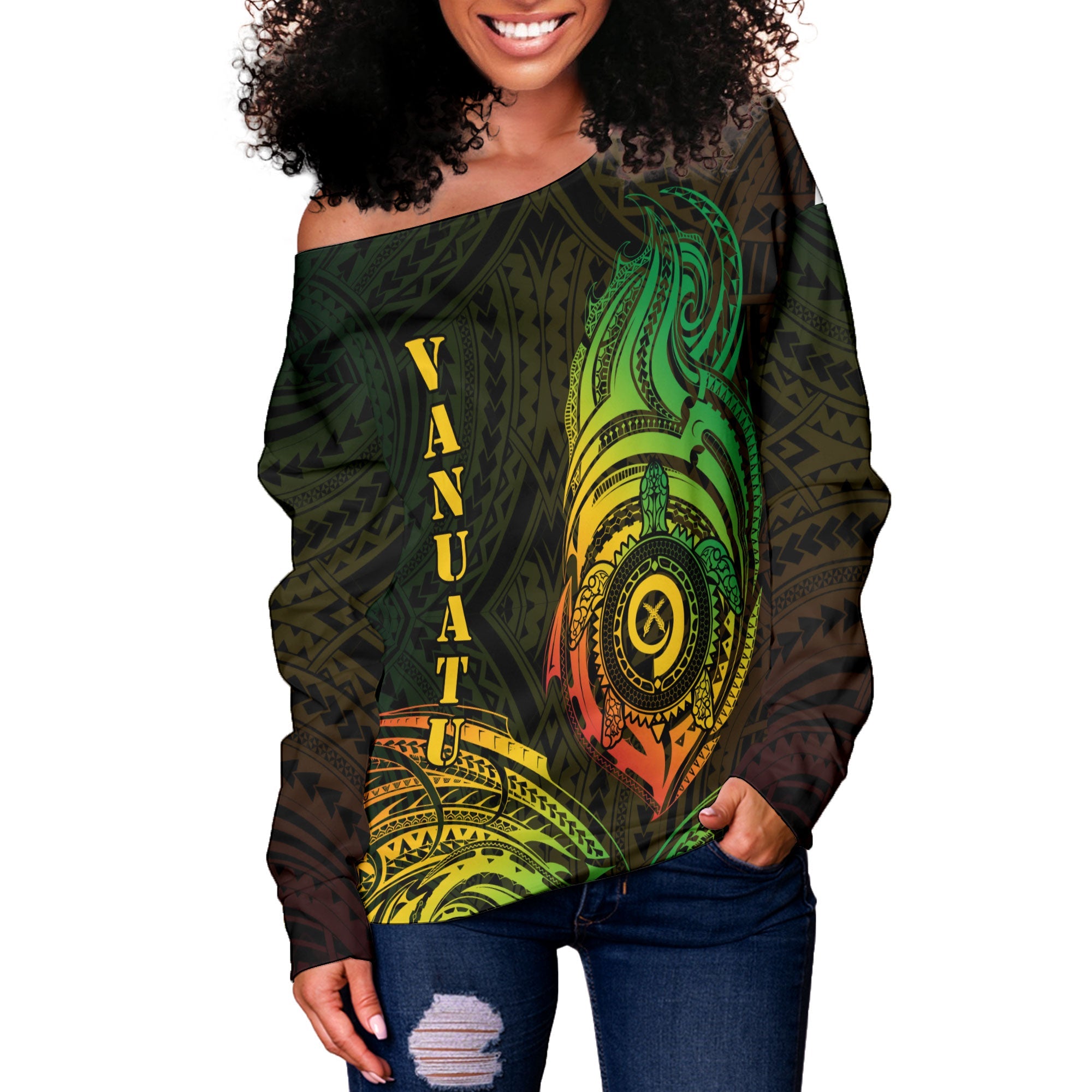 Vanuatu Women Off Shoulder Sweatshirt Polynesian Reggae Style