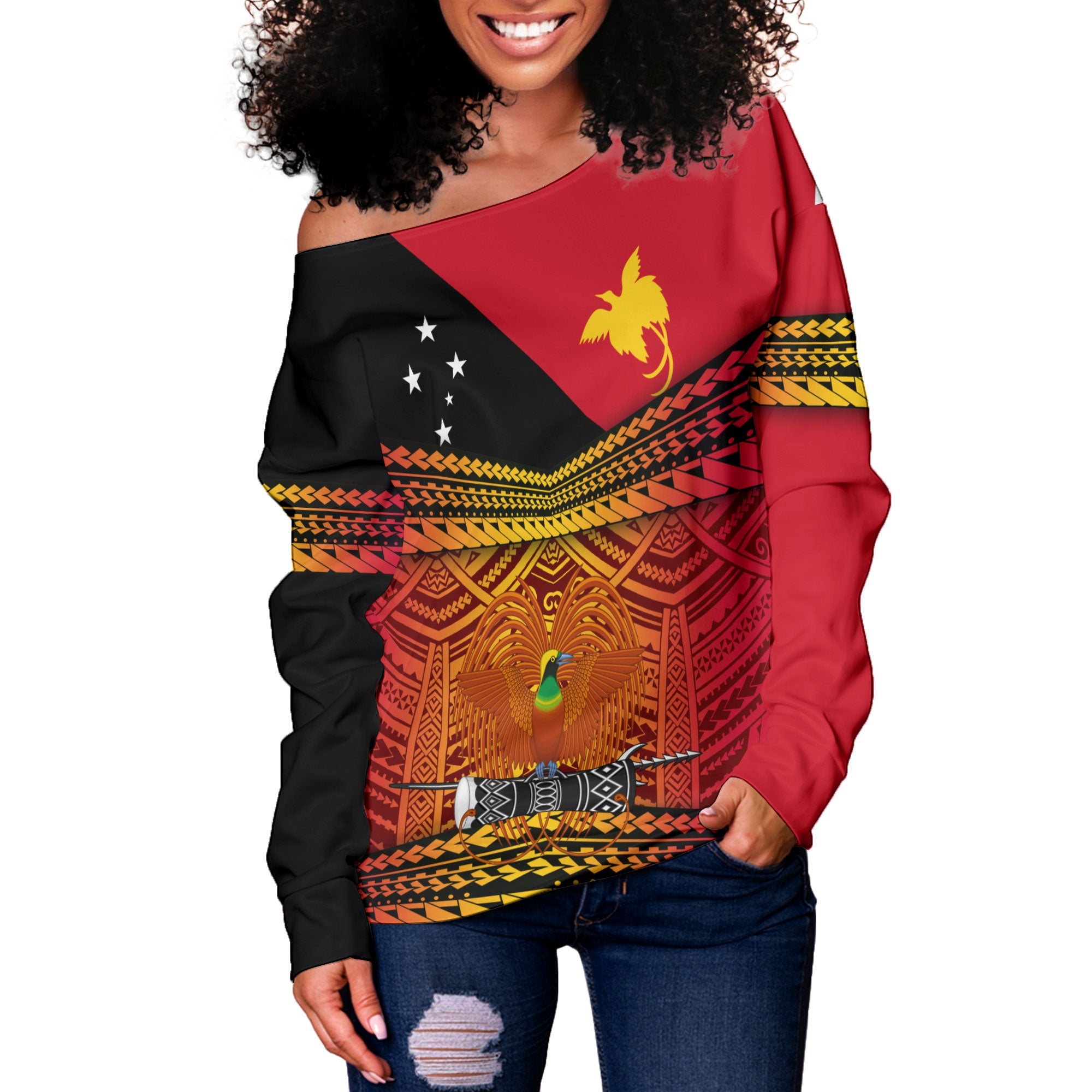 Papua New Guinea Independence Day Women Off Shoulder Sweatshirt PNG Emblem Style