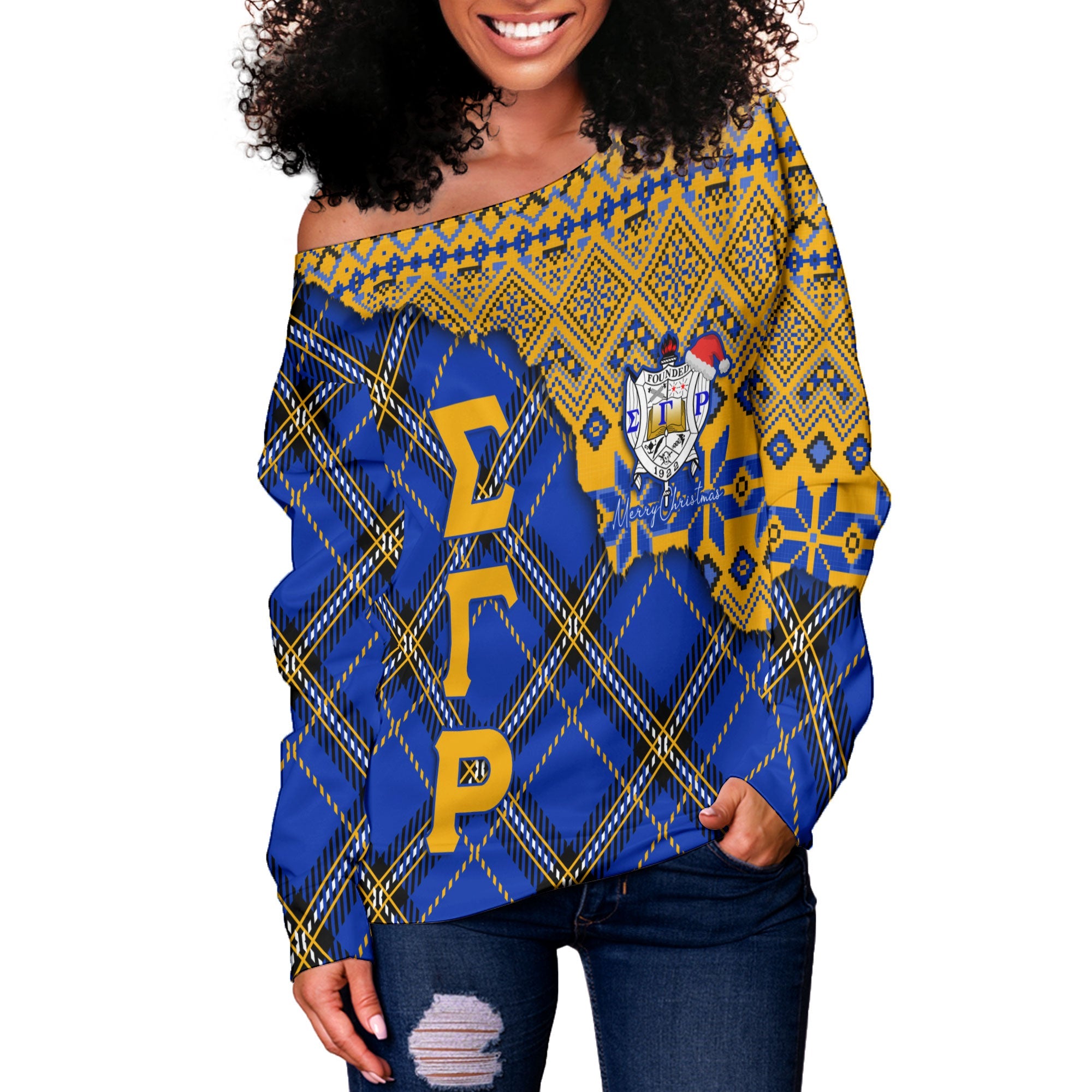 Sorority Sweatshirt - Christmas Sigma Gamma Rho Girl Women Off Shoulder Sweatshirt Plaid Background Style