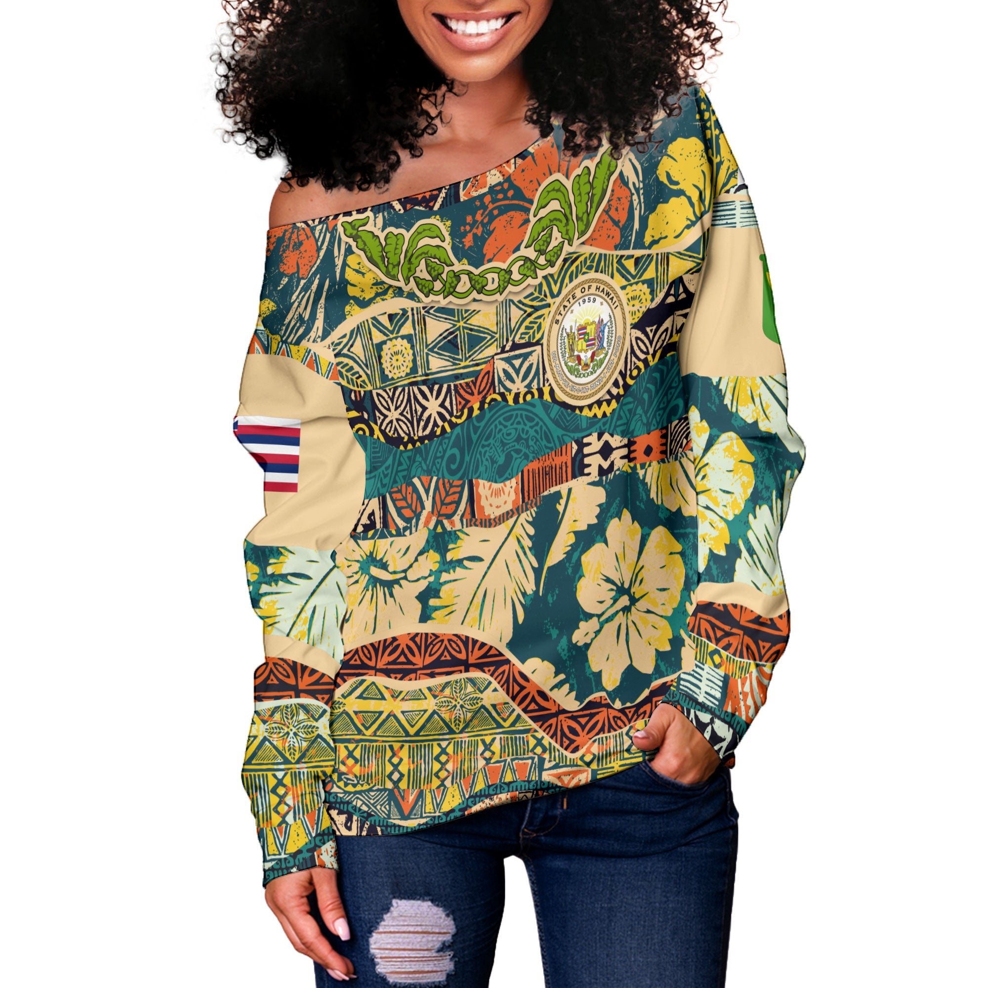 Hawaii Flag Women Off Shoulder Sweatshirt Coat Of Arm Style