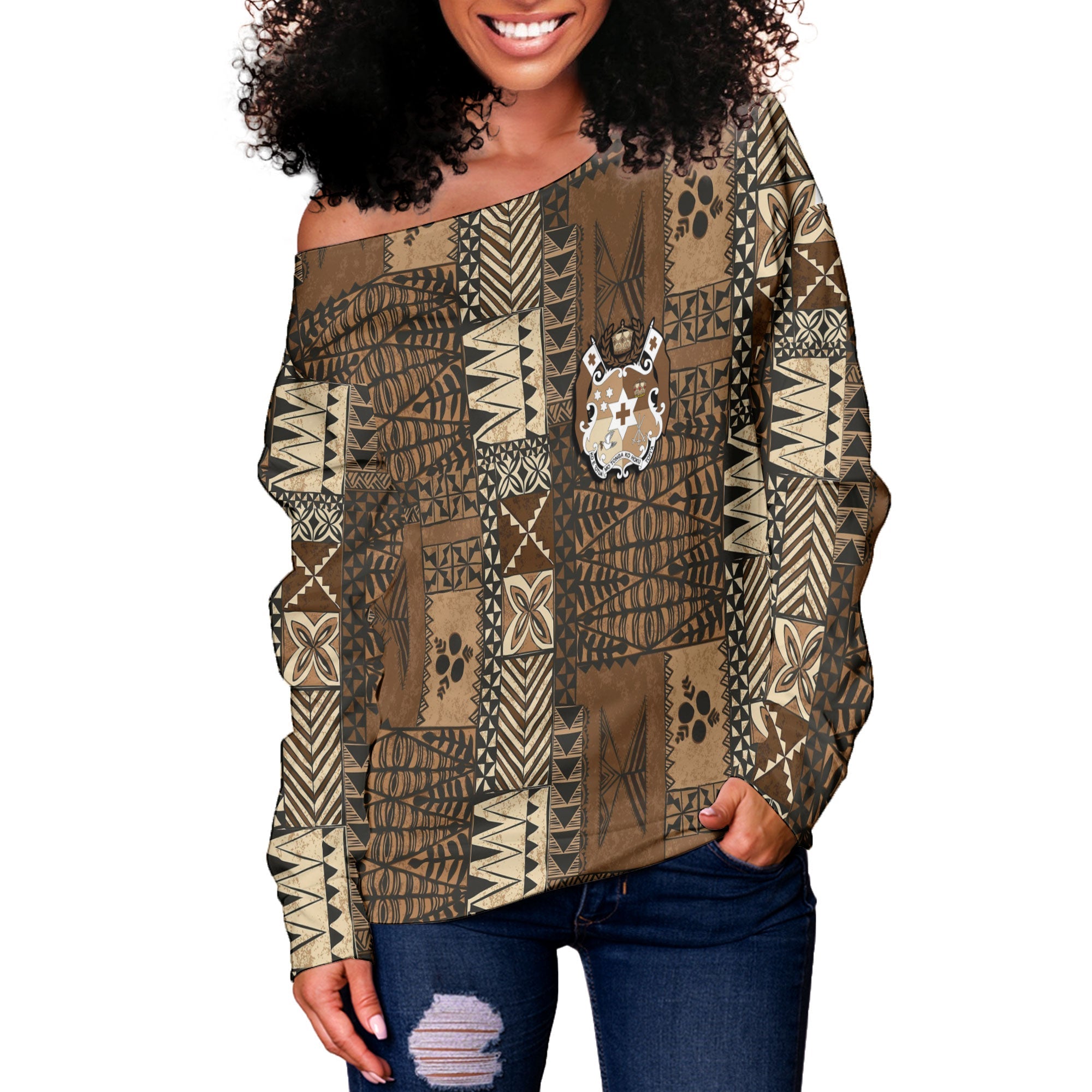 Custom Tonga Women Off Shoulder Sweatshirt Ngatu Tapa Style