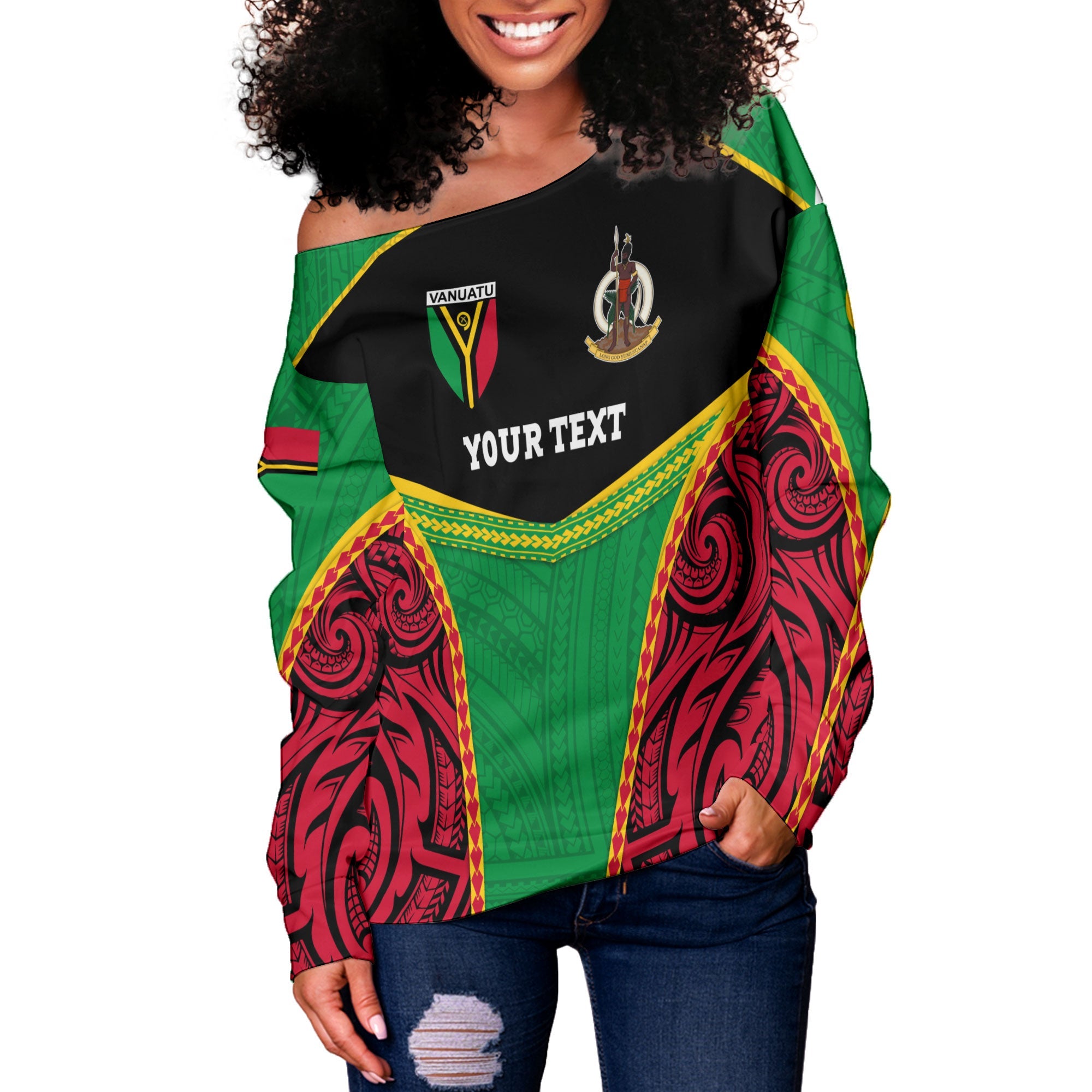 Custom Vanuatu Flag & Coat Of Arms Women Off Shoulder Sweatshirt Black Style