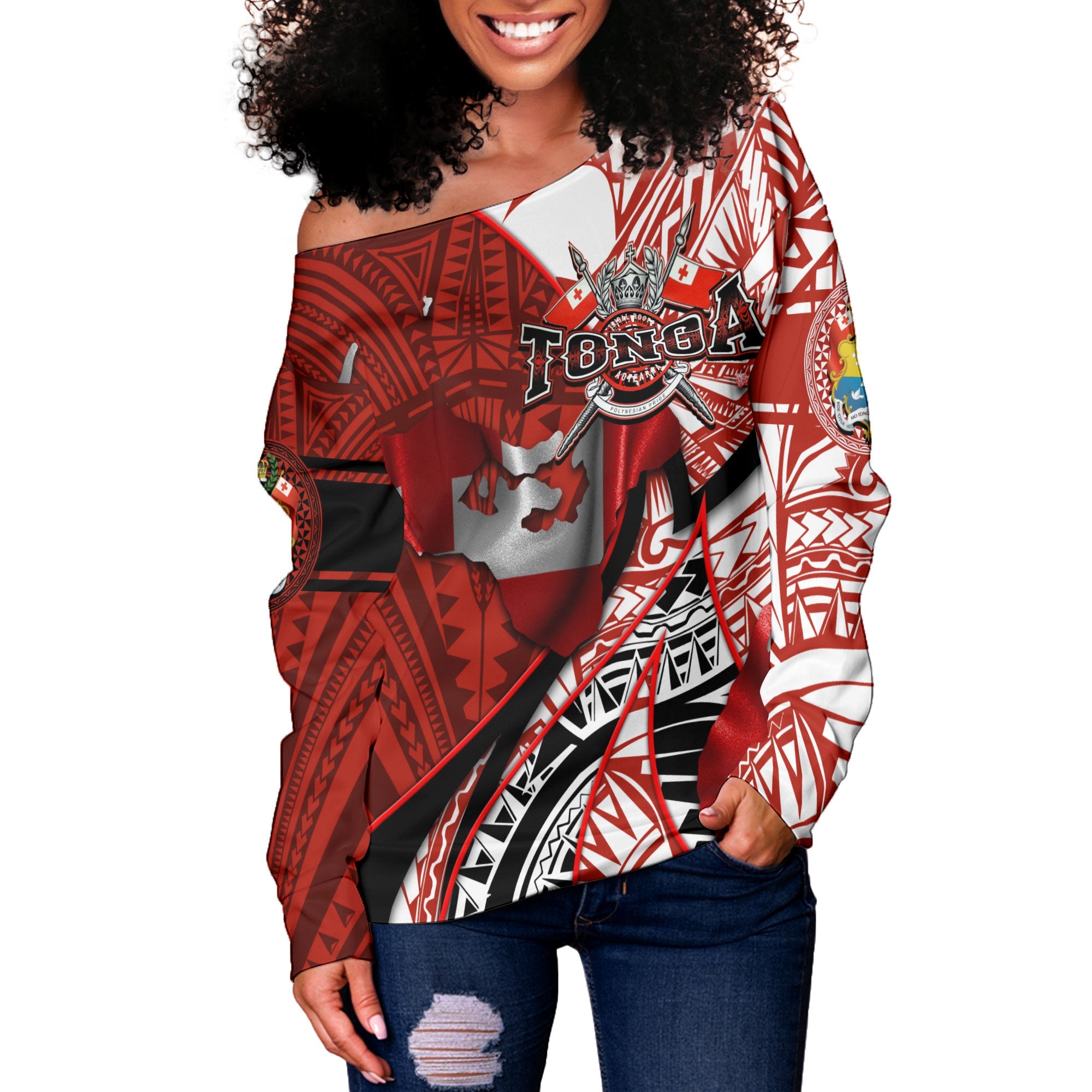 Tonga In My Heart Royal Coat Of Arms Women Off Shoulder Sweatshirt