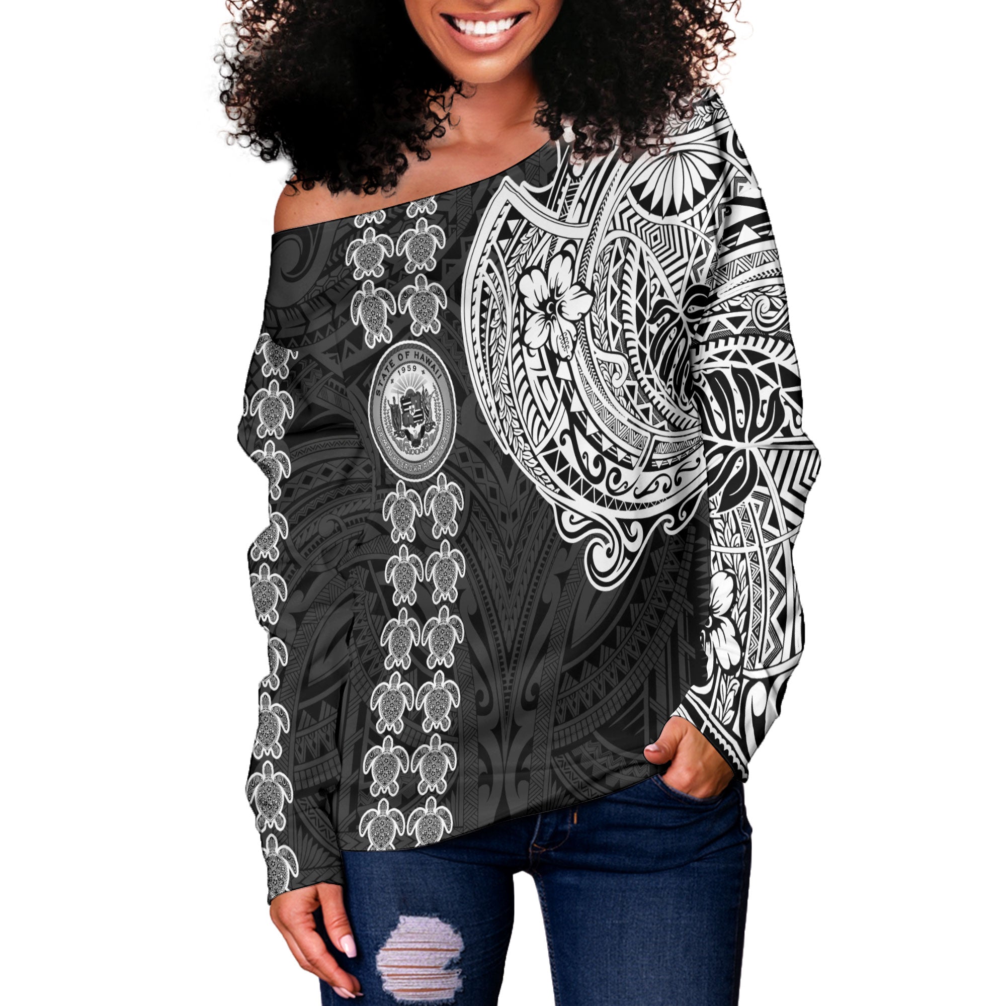 Hawaii Seal Polynesian Turtle Line Women Off Shoulder Sweatshirt