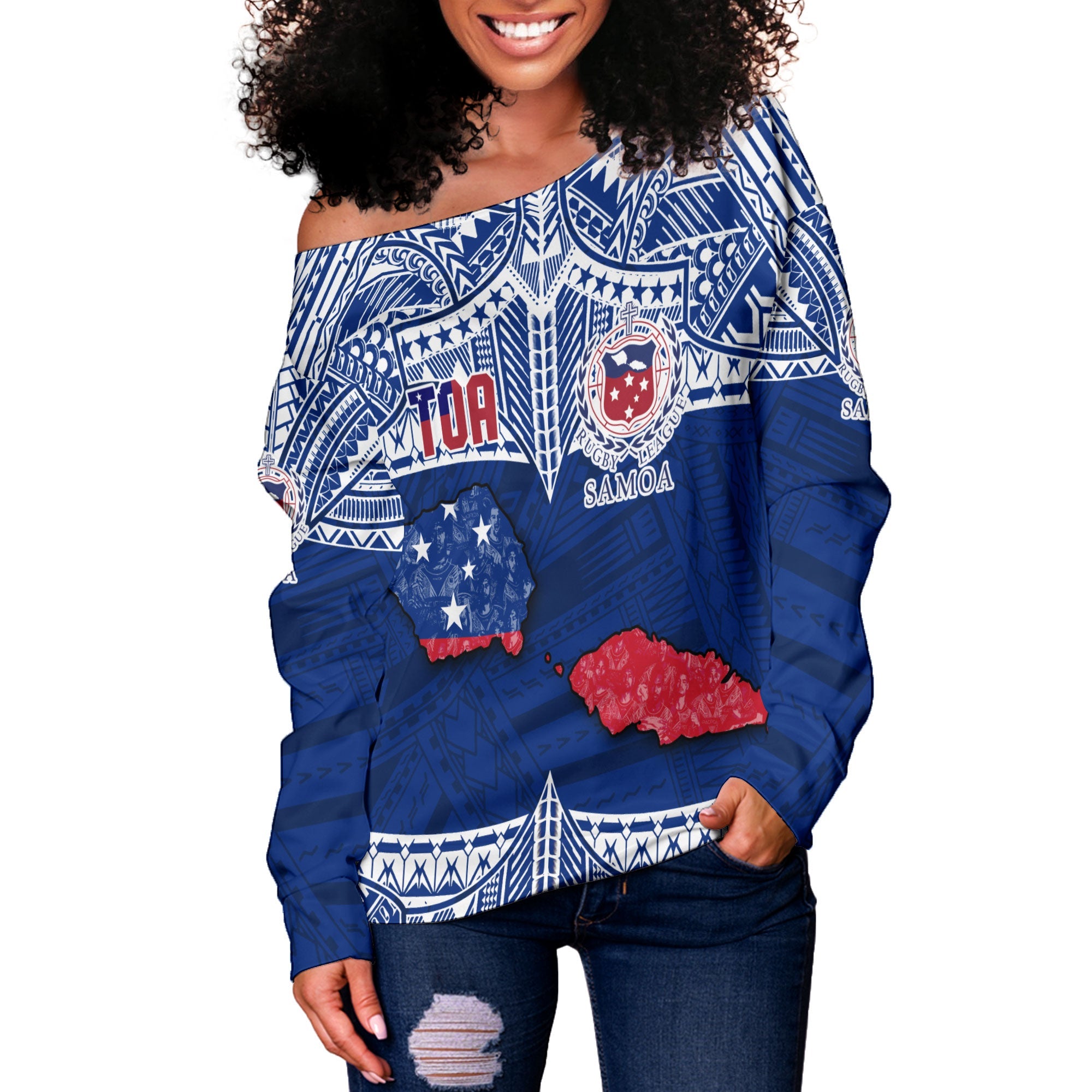 Custom Samoa TOA Rugby Women Off Shoulder Sweatshirt Map Style