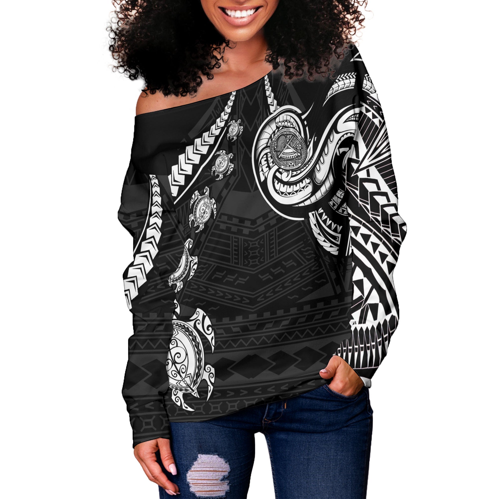 Seal Of American Samoa Women Off Shoulder Sweatshirt Turtle Style