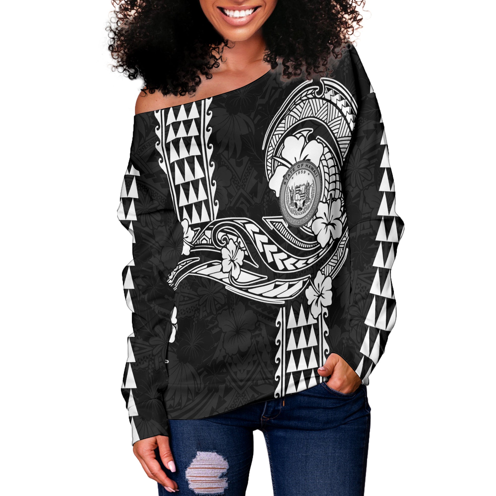 Hawaii Seal Women Off Shoulder Sweatshirt Turtle & Map Style