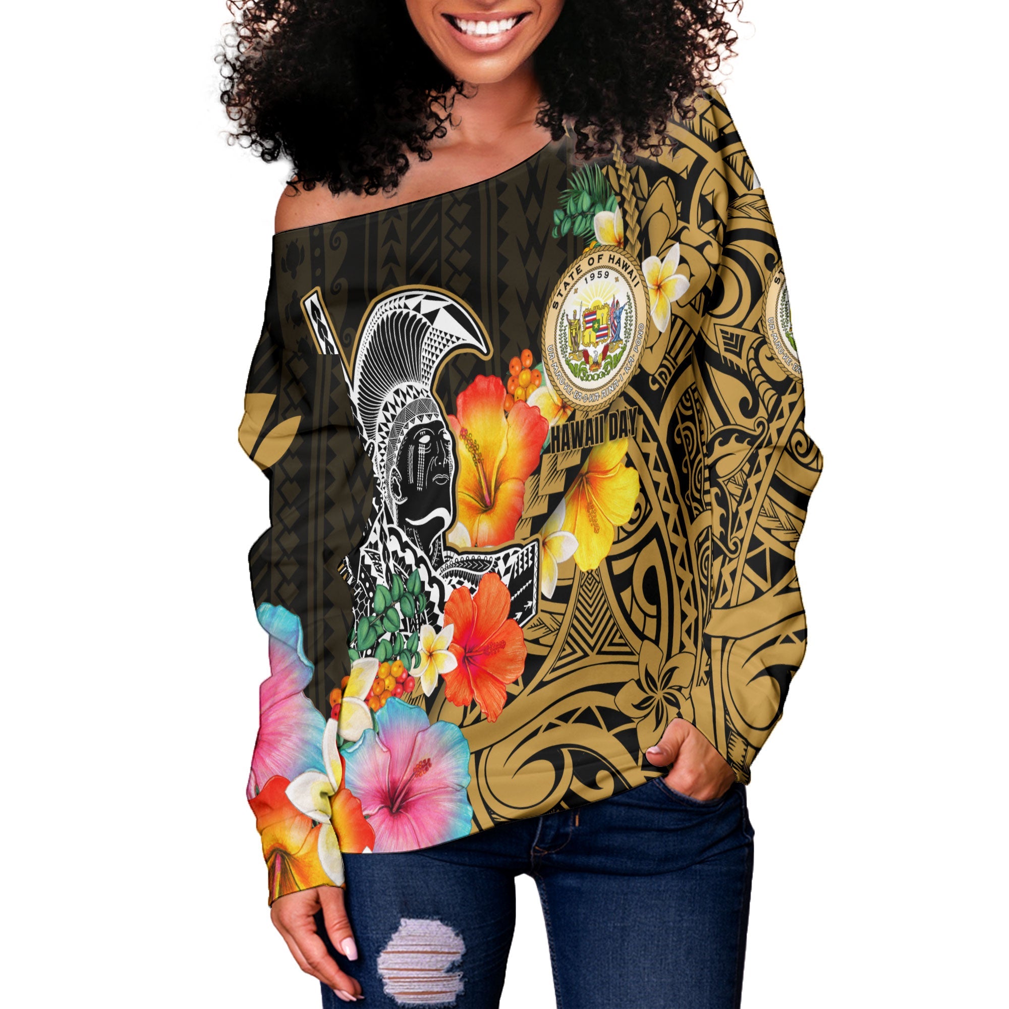 Hawaii Day King Kamehameha Women Off Shoulder Sweatshirt