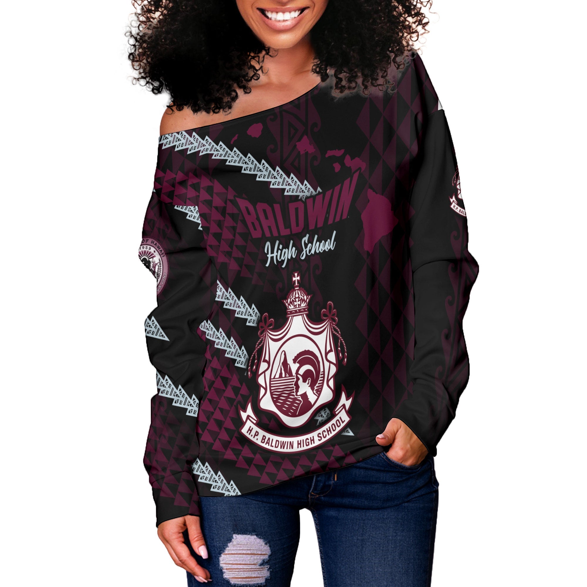 Hawaii Baldwin High School Custom Women Off Shoulder Sweatshirt Map Style