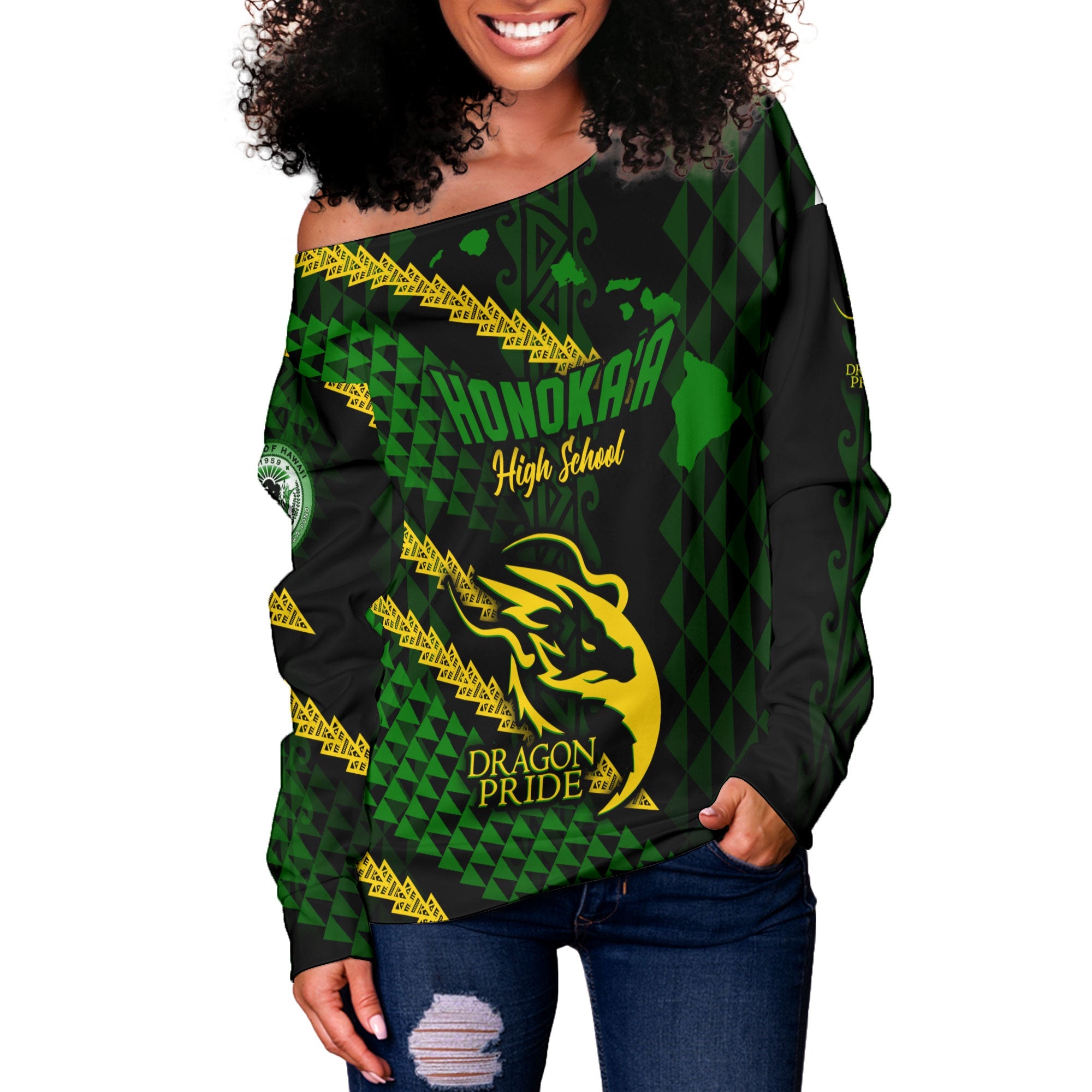 Hawaii Honoka High & Intermediate School Custom Women Off Shoulder Sweatshirt Map Style