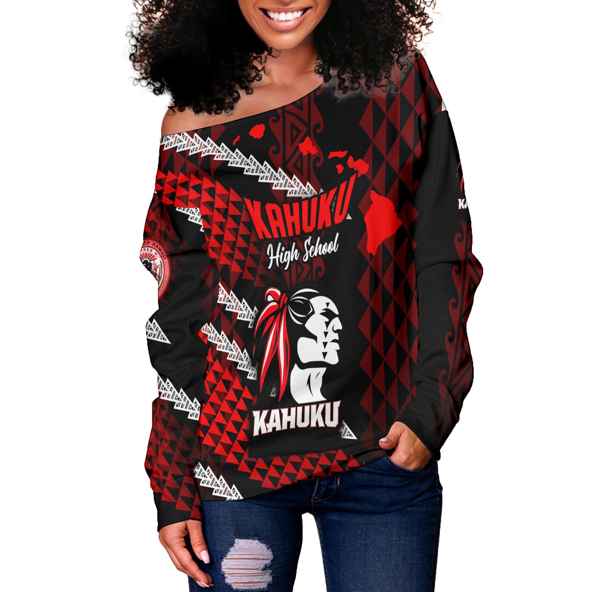 Hawaii Kahuku High & Intermediate School Custom Women Off Shoulder Sweatshirt Map Style