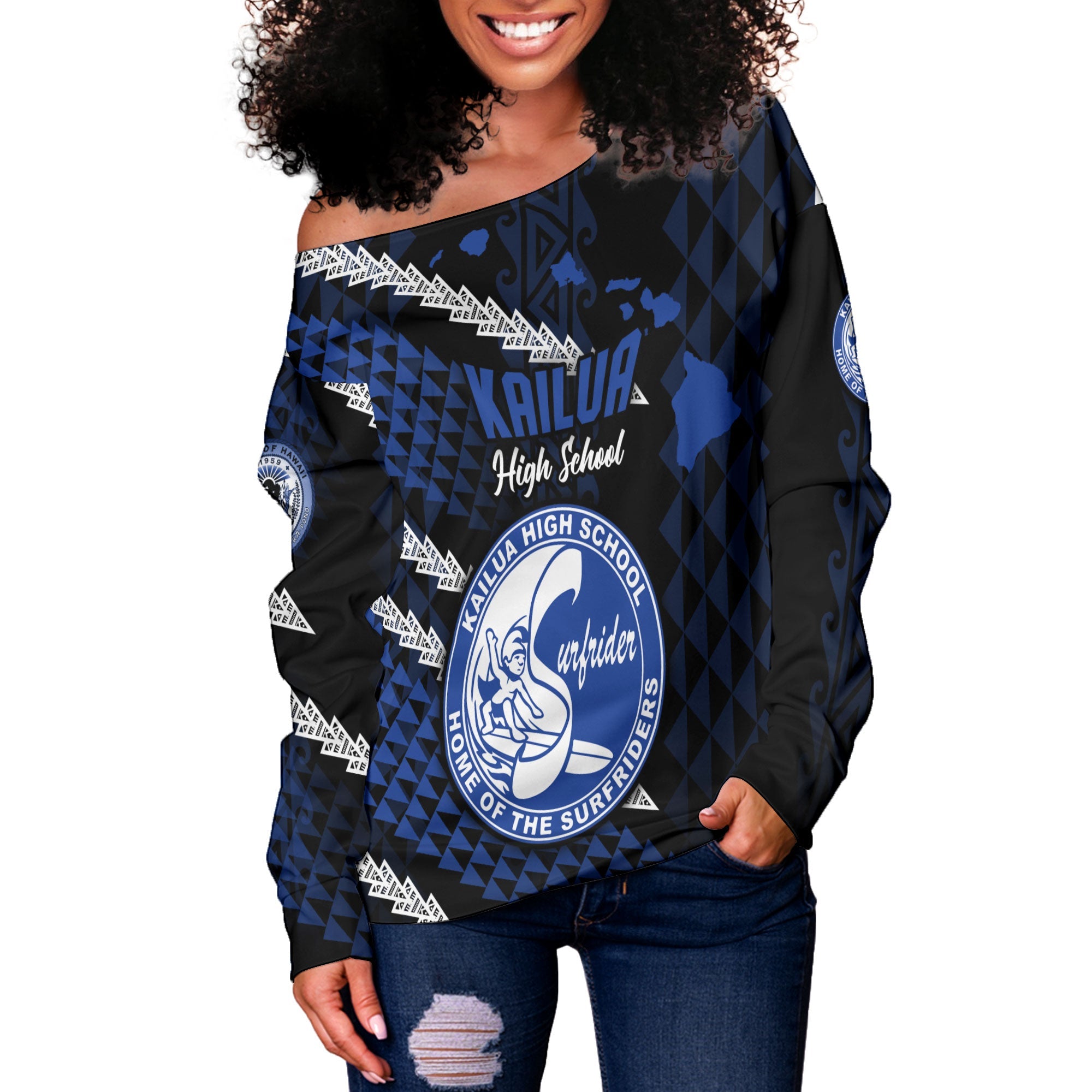 Hawaii Kailua High School Custom Women Off Shoulder Sweatshirt Map Style