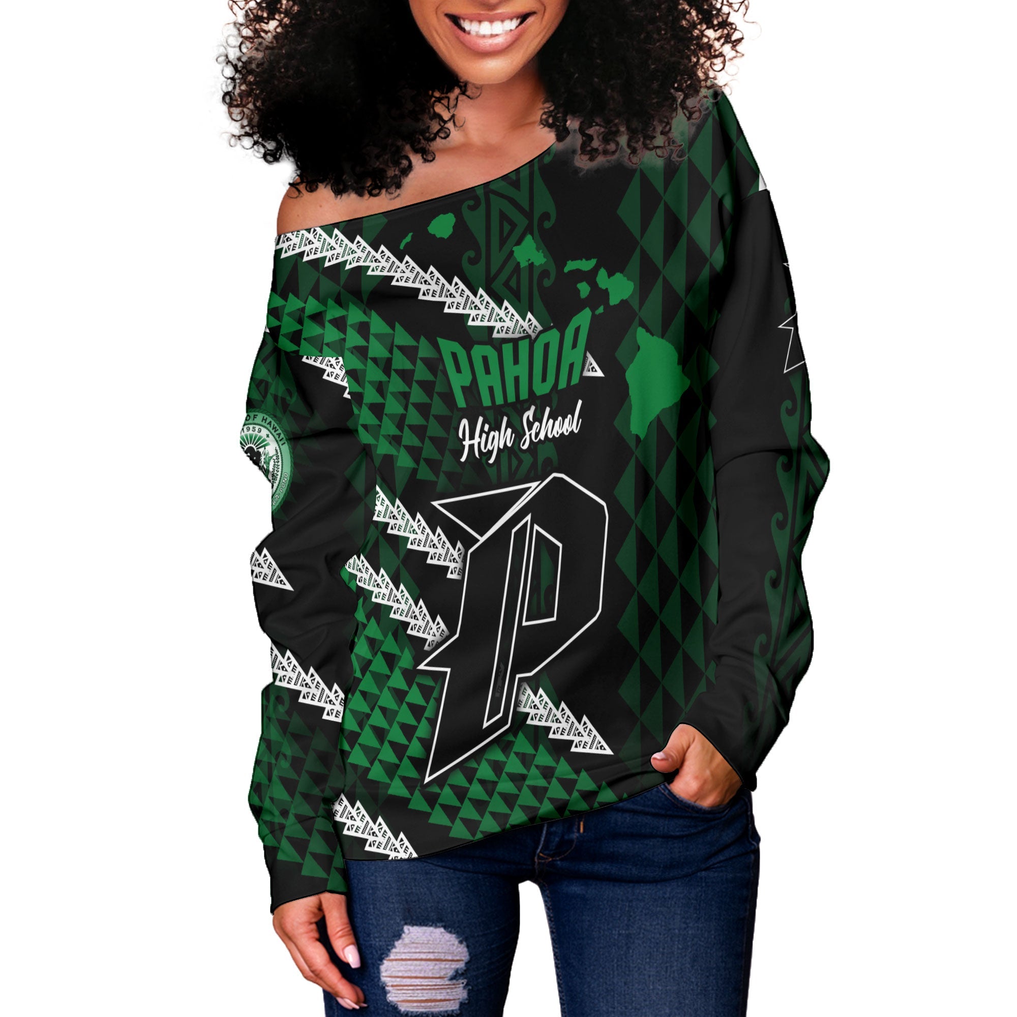 Hawaii Pahoa High & Intermediate School Custom Women Off Shoulder Sweatshirt Map Style