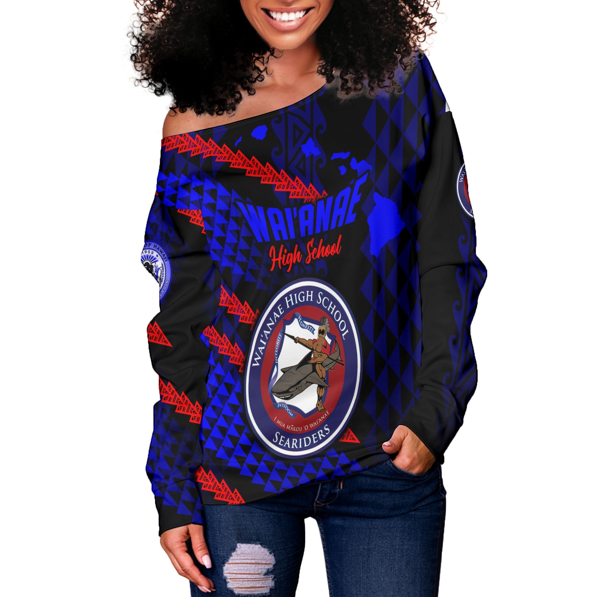 Hawaii Waianae High School Custom Women Off Shoulder Sweatshirt Map Style