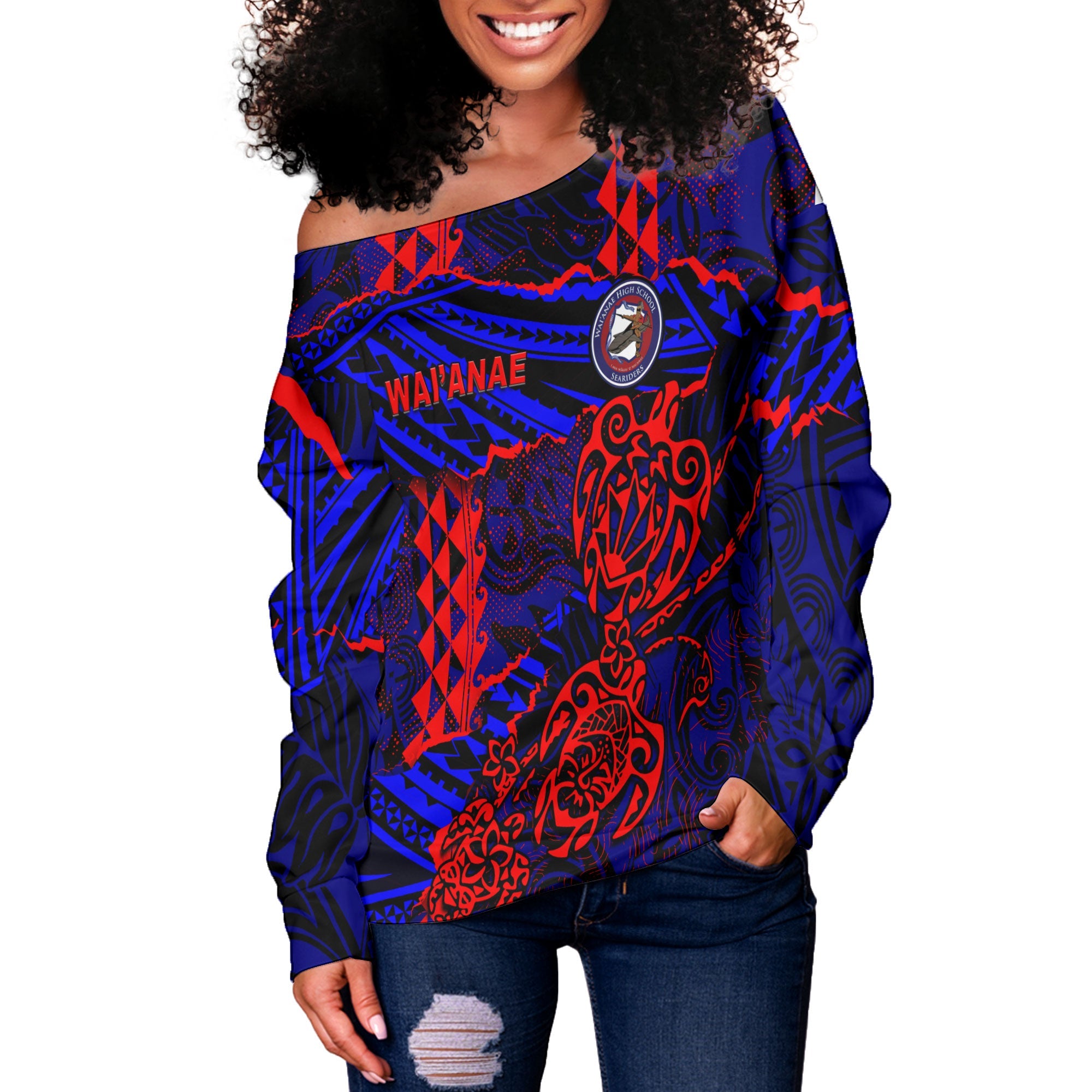 Hawaii Waianae High School Custom Women Off Shoulder Sweatshirt Polynesian Turtle Style