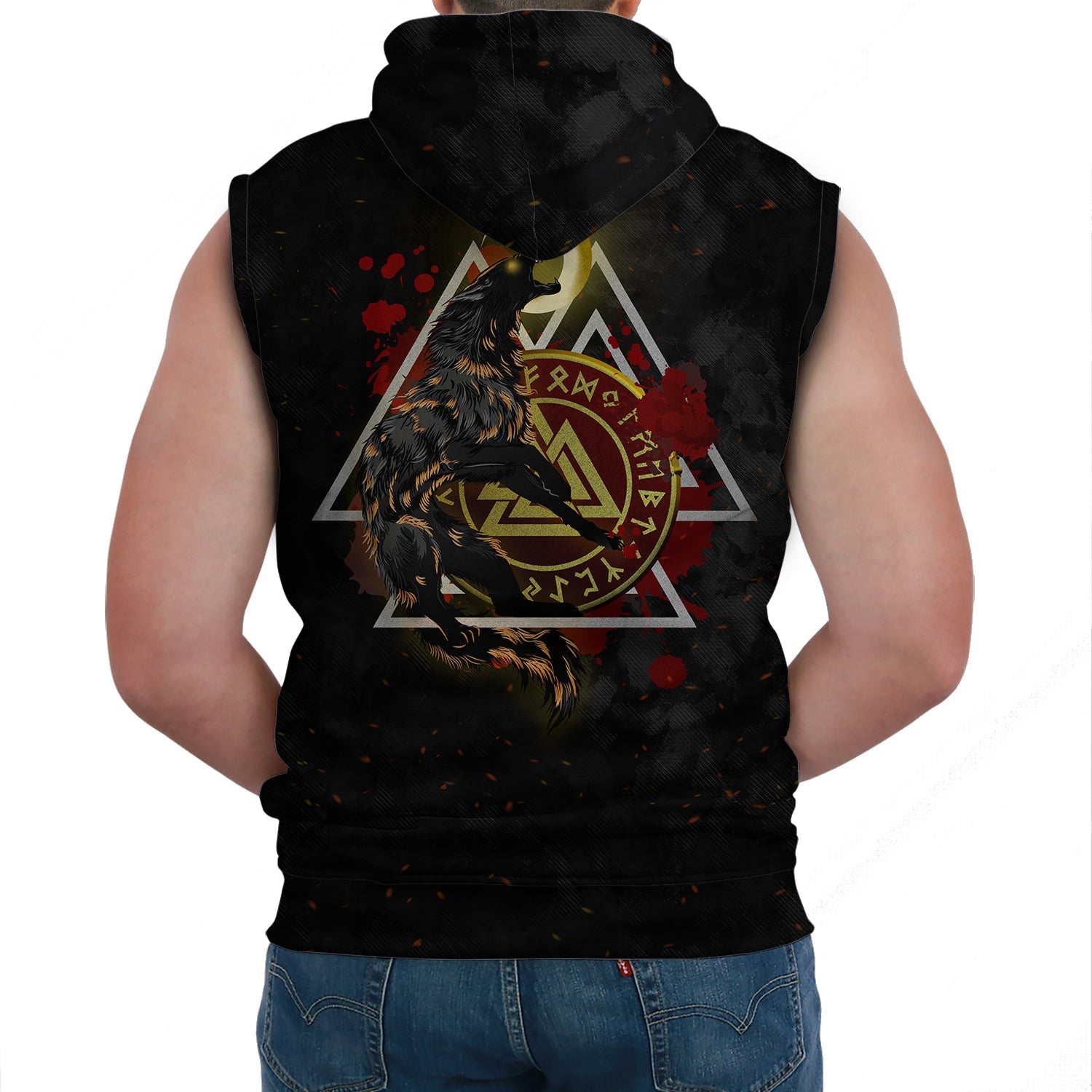 Viking Sleeveless Hoodie Viking Wolf Fenrir Moon and Raven