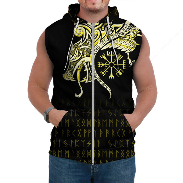 Viking Sleeveless Hoodie Fenrir Raven And Vegvisir Tattoo Yellow