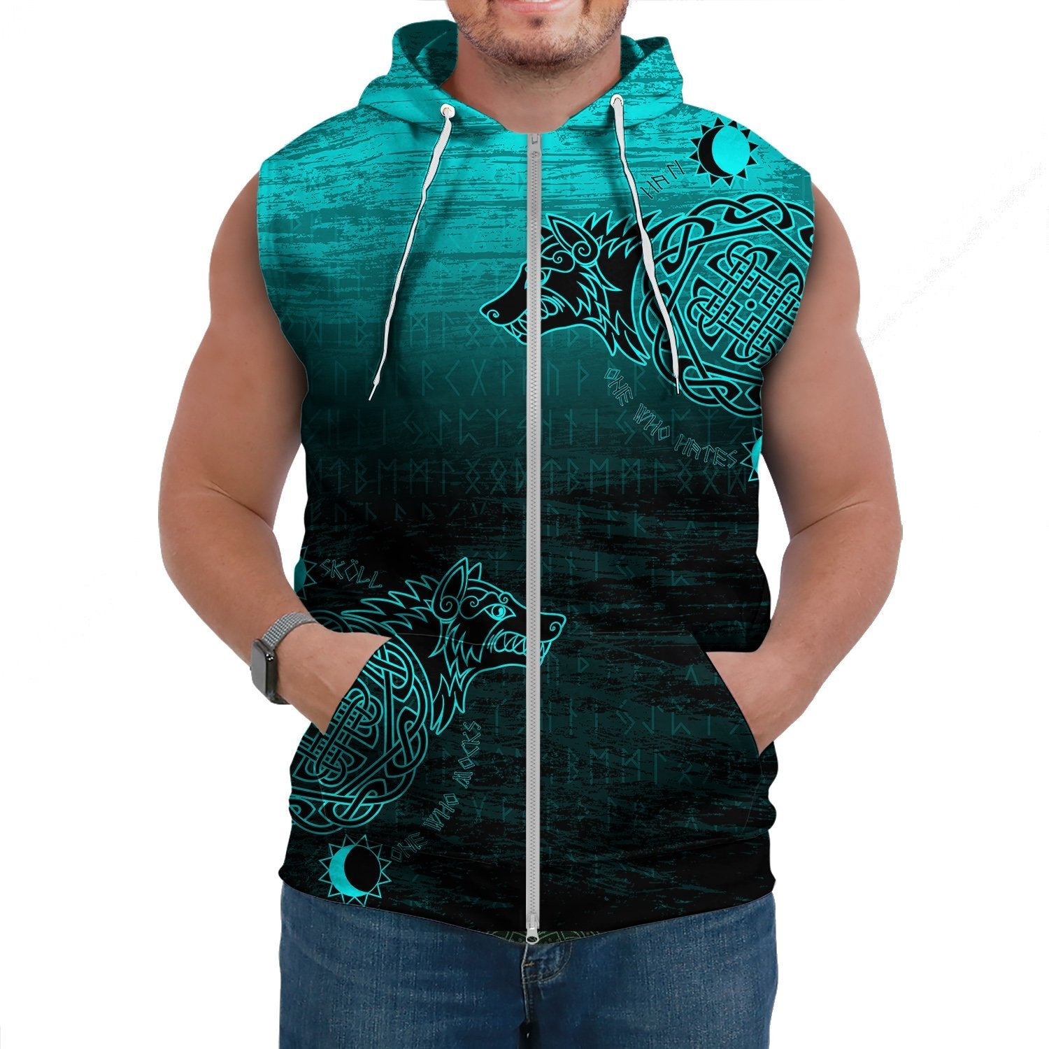 Viking Sleeveless Hoodie Skoll And Hati Cyan