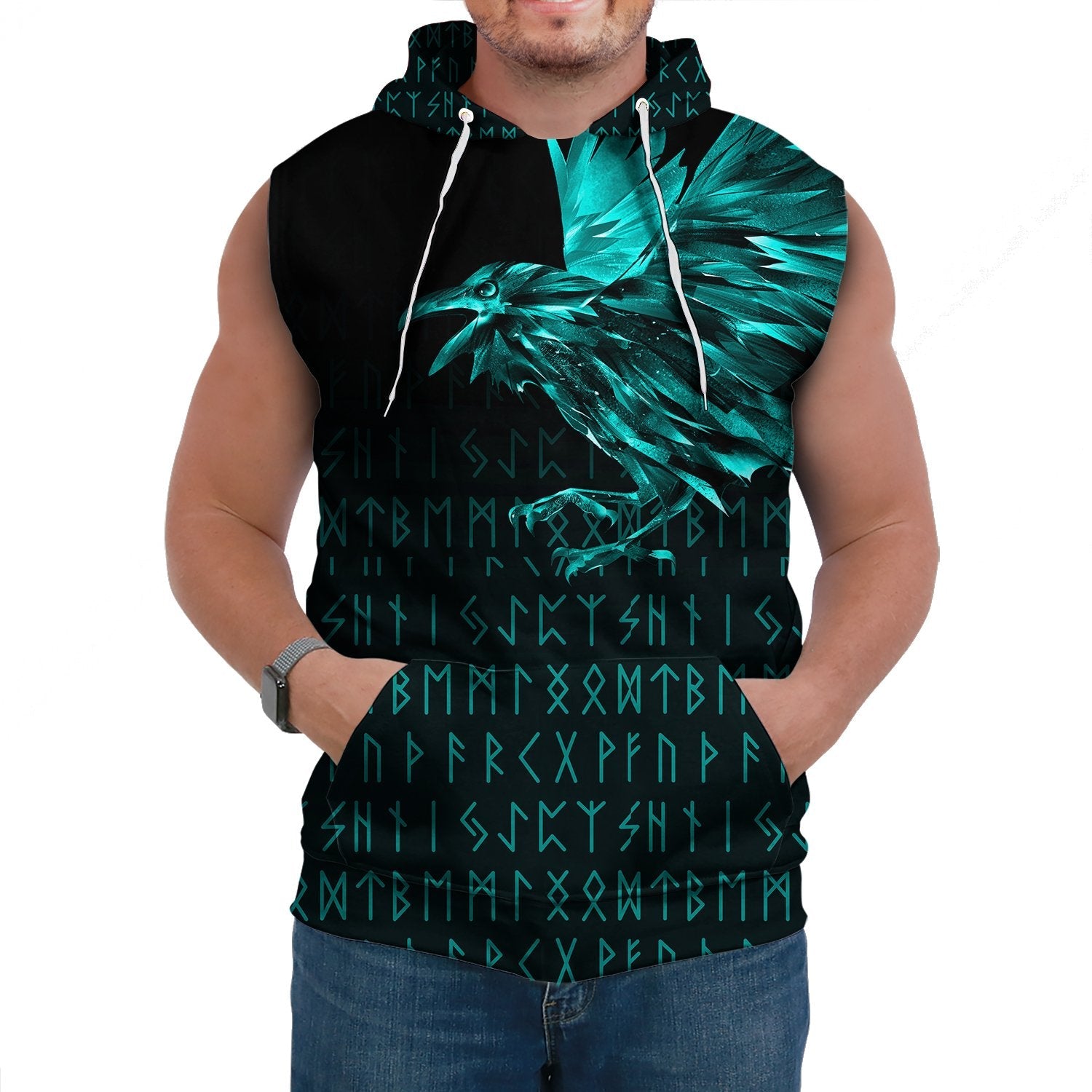 Viking Sleeveless Hoodie The Raven Of Odin Rune Cyan