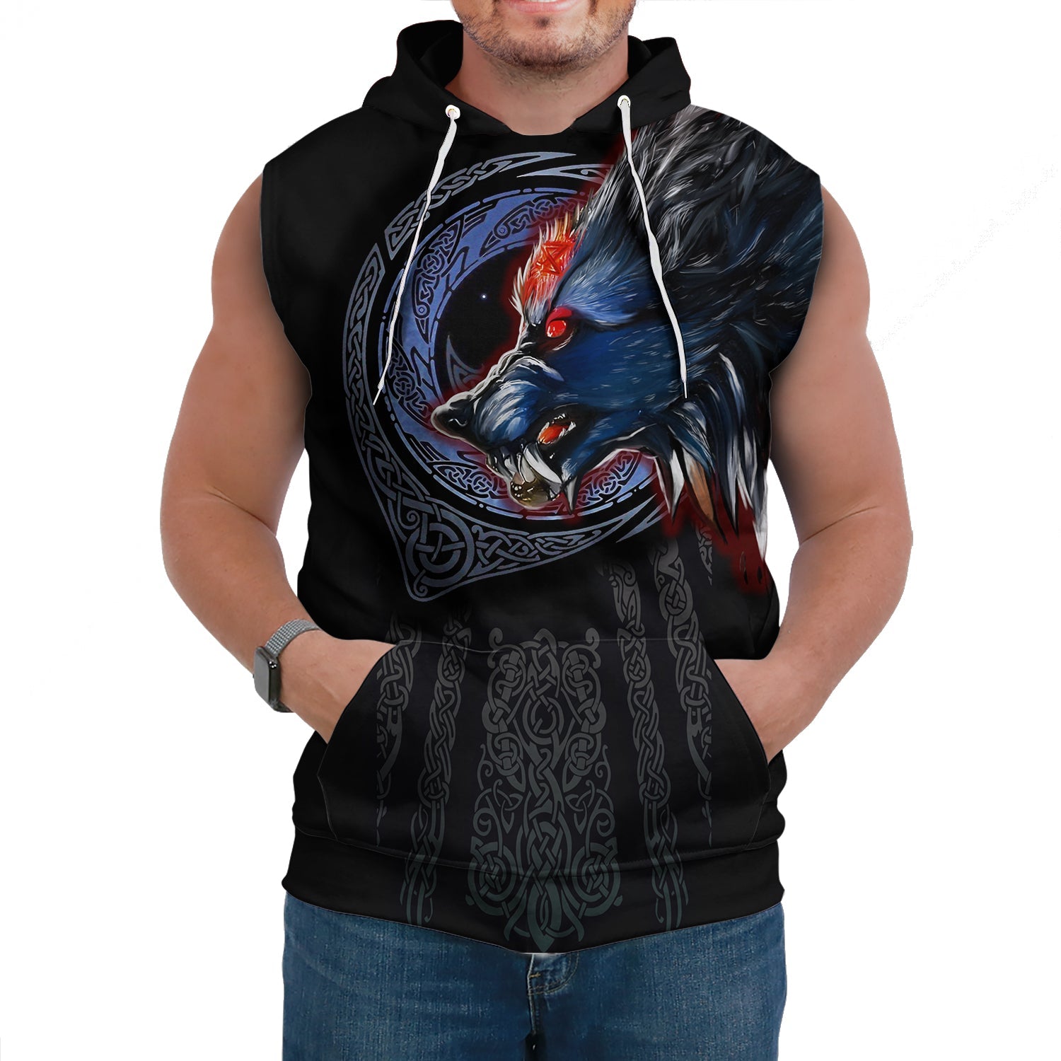 Viking Sleeveless Hoodies Viking Fenrir Wolf 3D