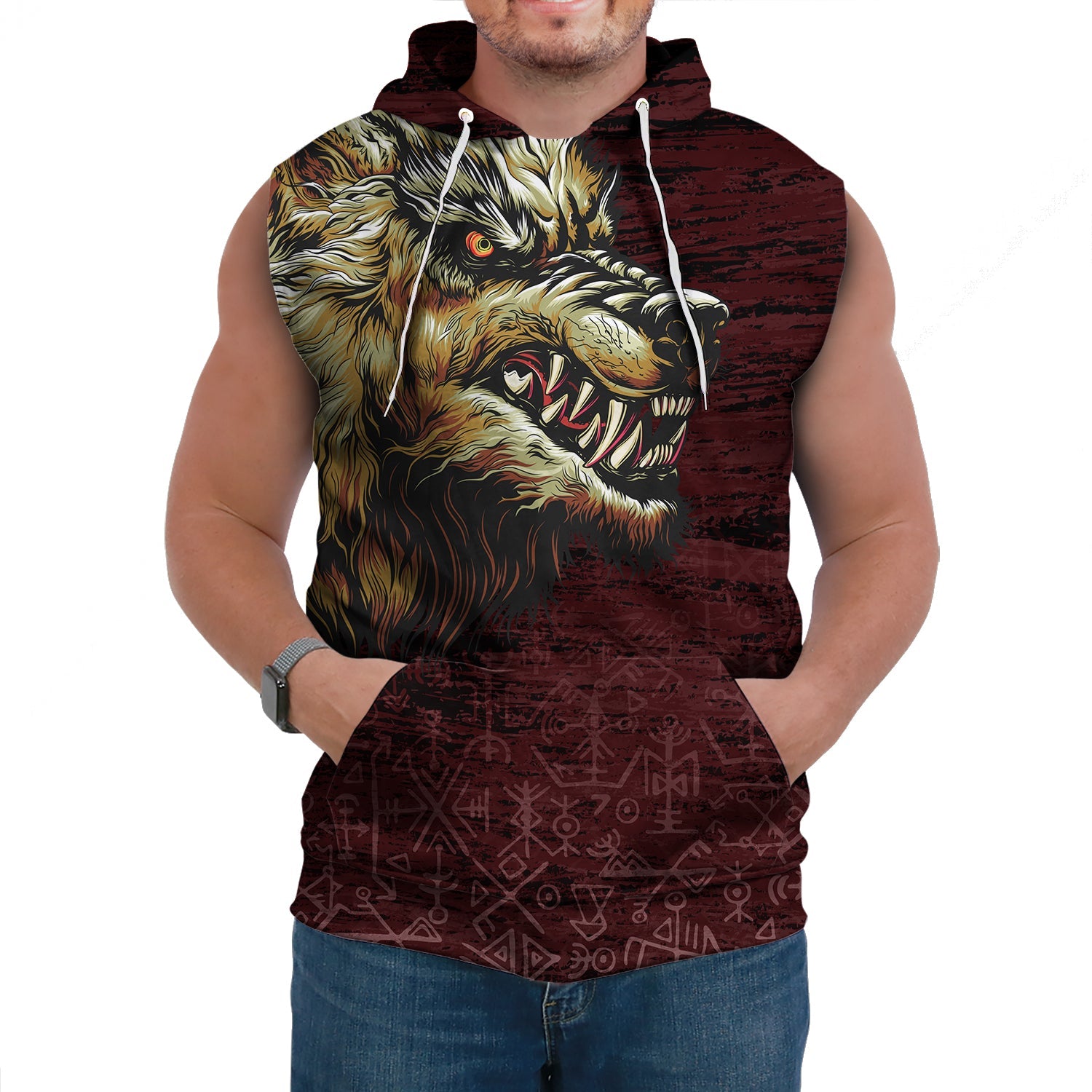 Viking Sleeveless Hoodies Fenrir On The Blood Moon Background