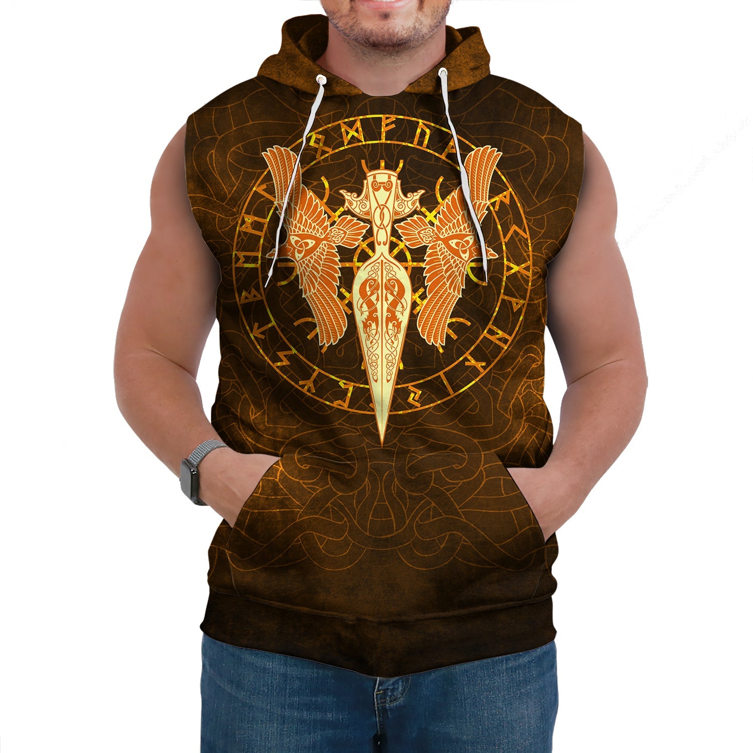 Viking Sleeveless Hoodies Gold Spear Of The God Odin Gungnir And Two Gold Ravens