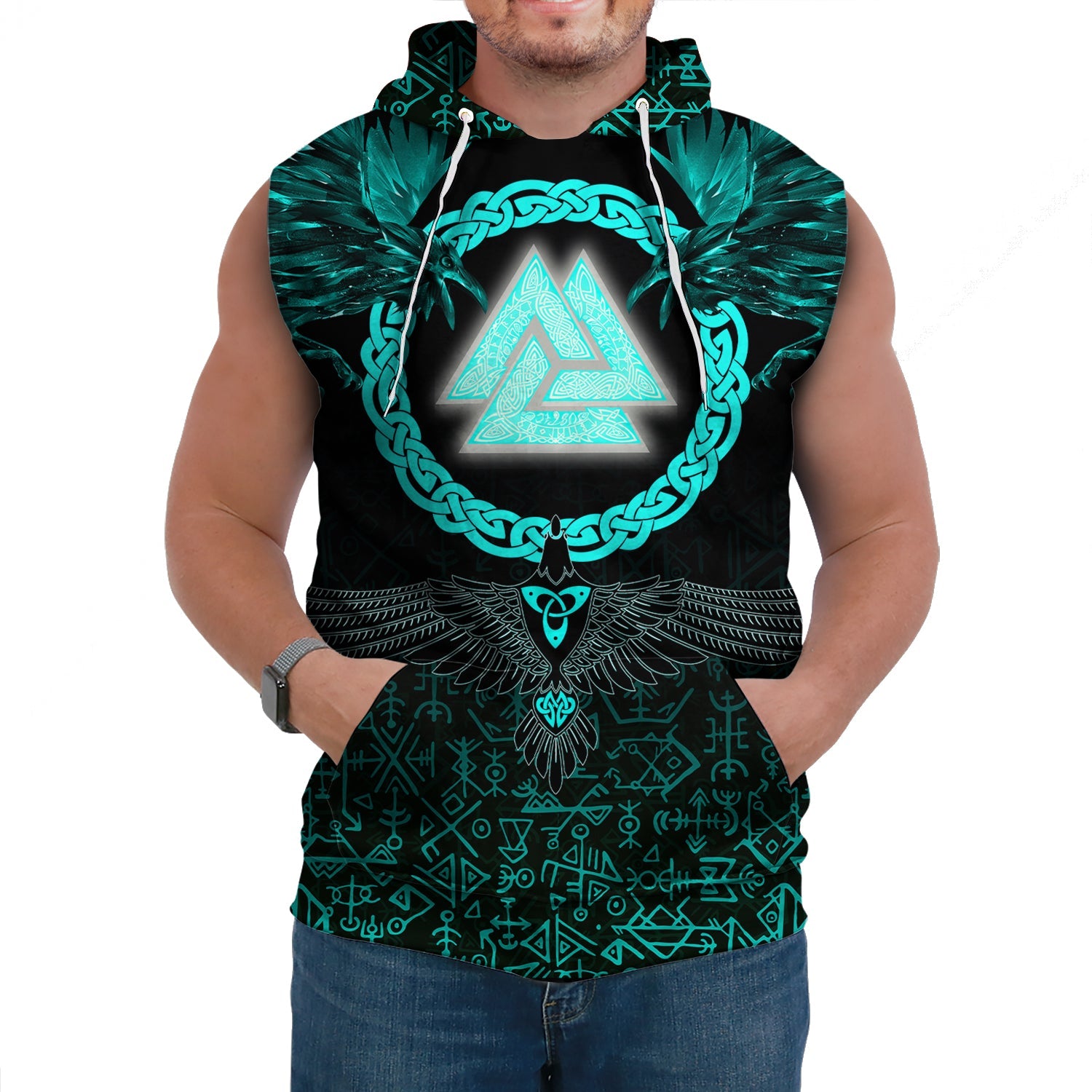 Viking Sleeveless Hoodie Three Raven and Valknut Cyan