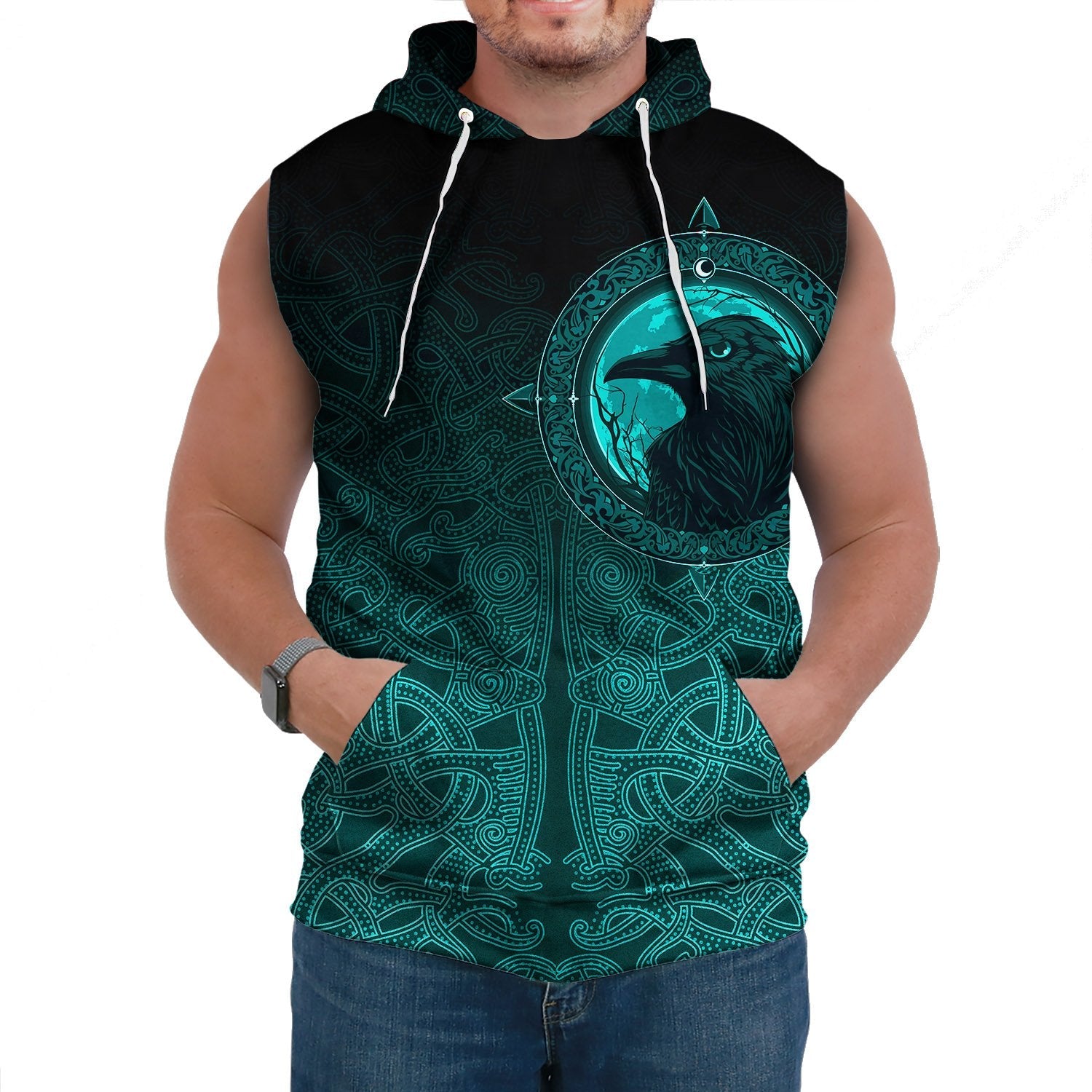 Viking Sleeveless Hoodie Ethnic Odin Raven Cyan