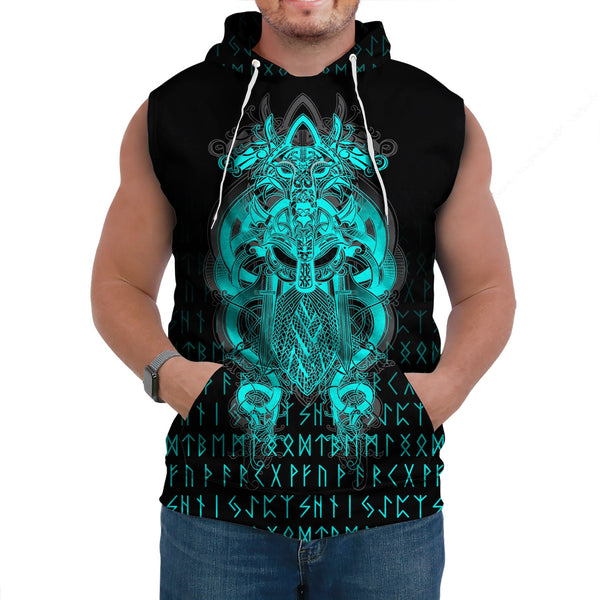 Custom Viking Sleeveless Hoodie Tyr Tattoo Cyan