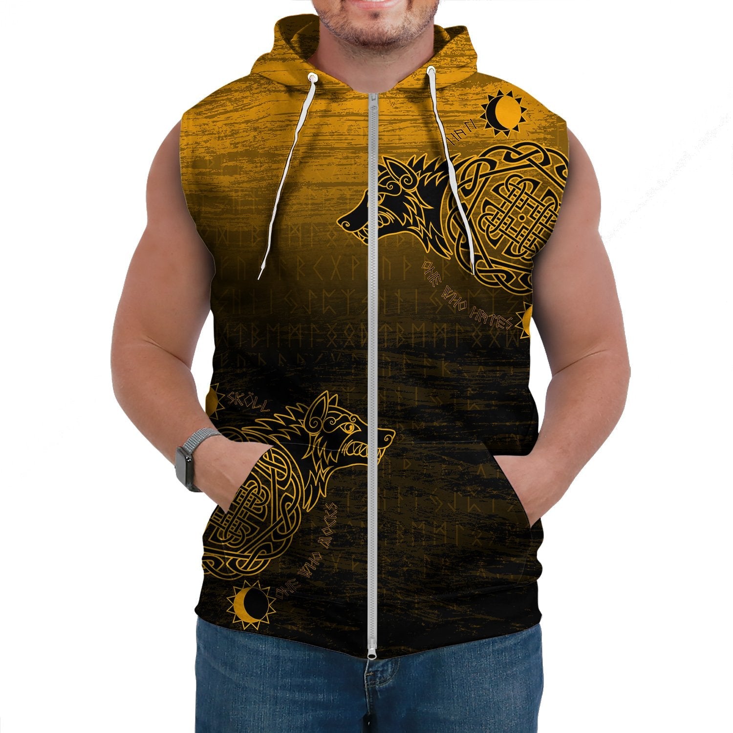 Viking Sleeveless Hoodie Skoll And Hati Gold