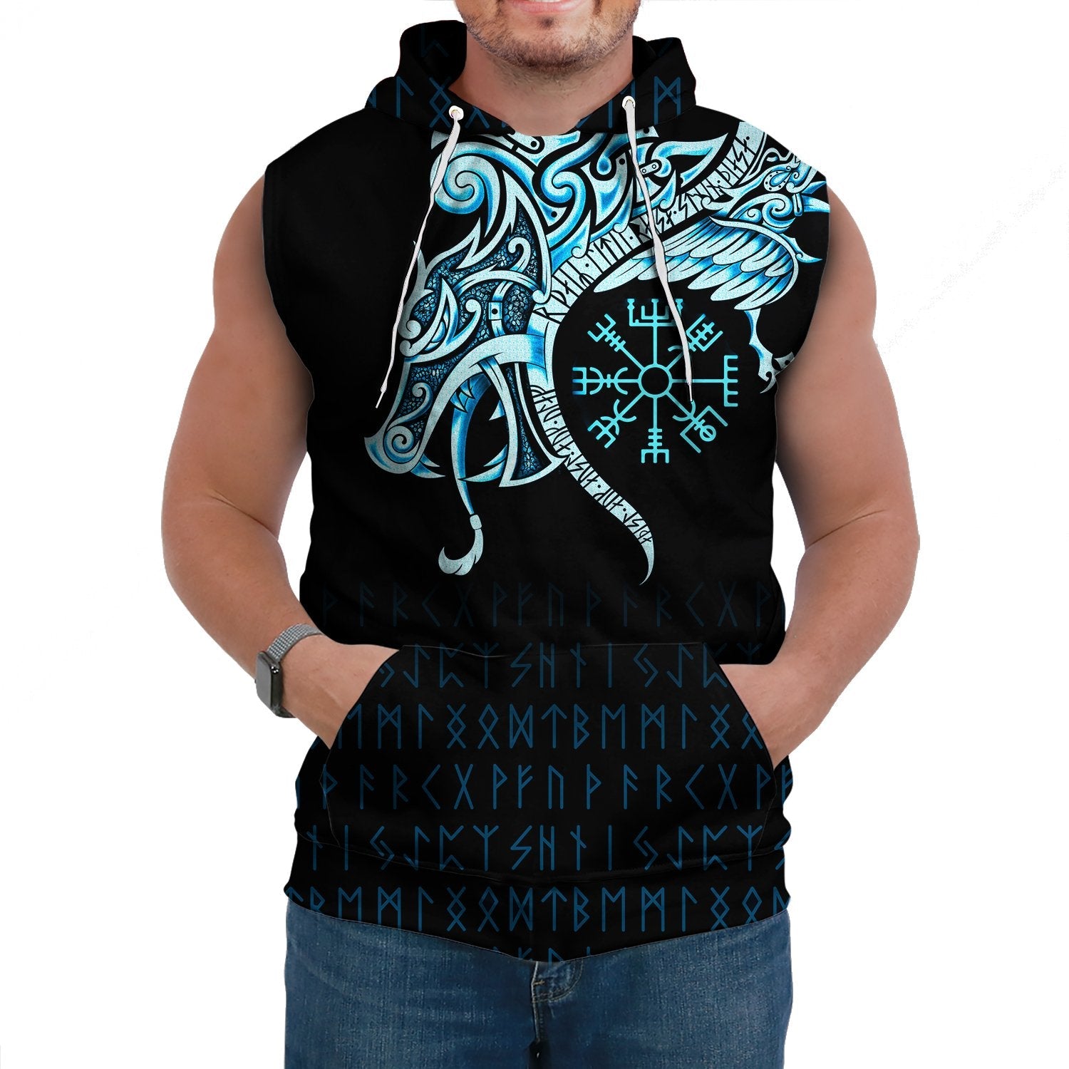 Viking Sleeveless Hoodie Fenrir Raven And Vegvisir Tattoo Cyan