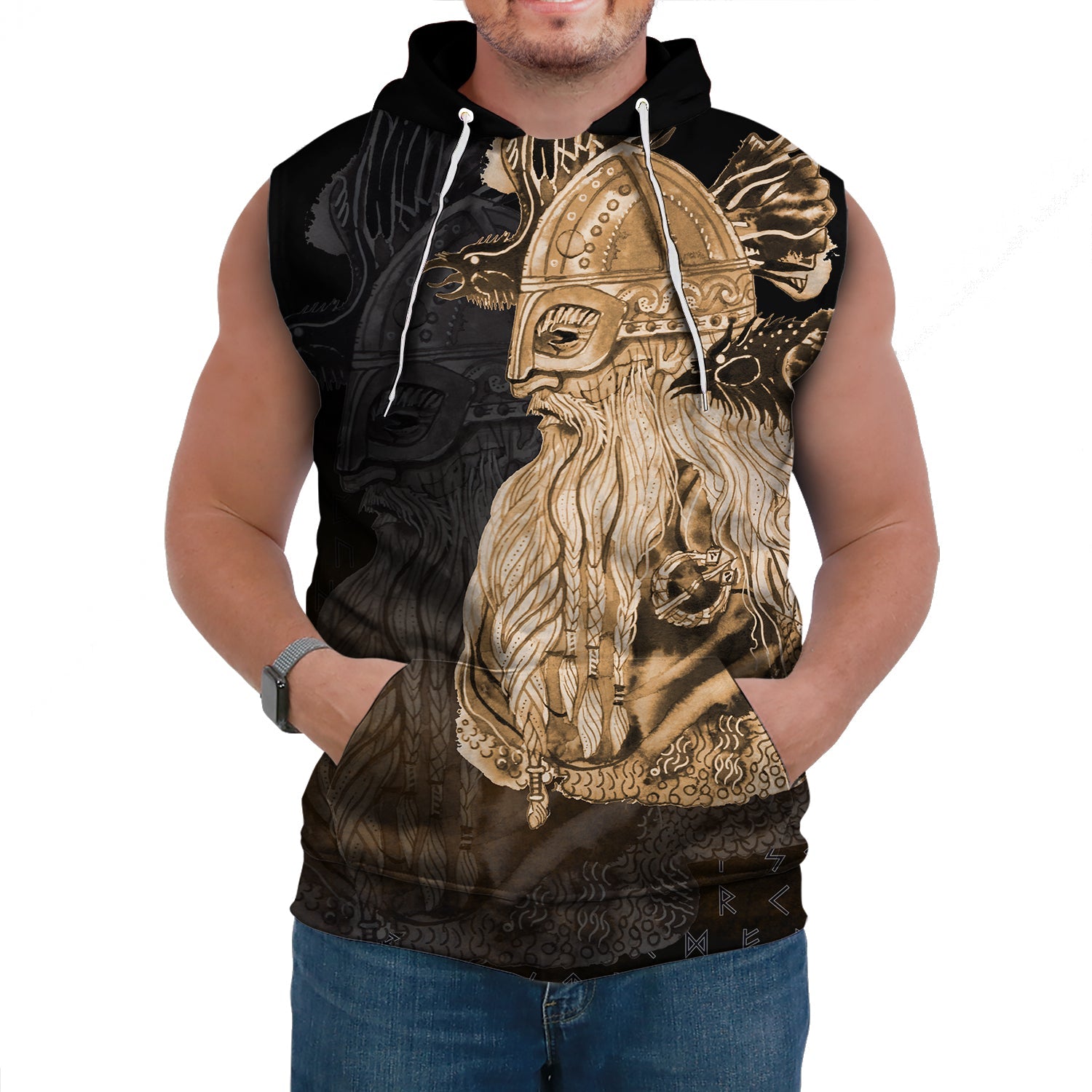 Viking Sleeveless Hoodies Odin Raven Viking Gold