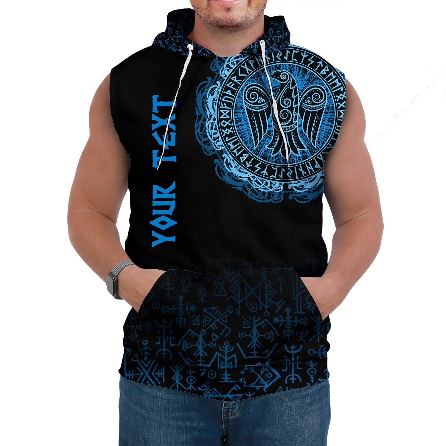 Custom Viking Sleeveless Hoodie Raven Celtic Cyan