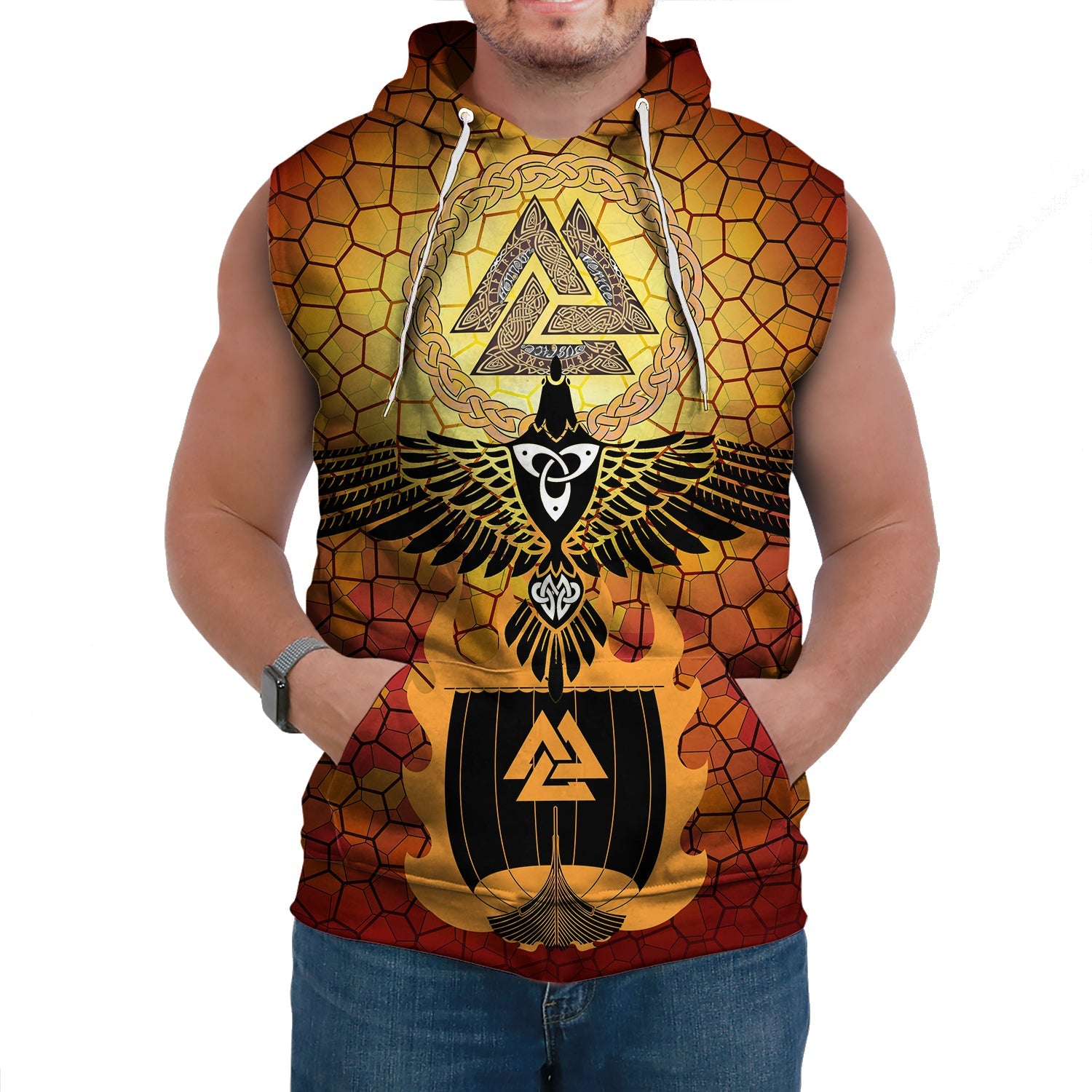 Viking Sleeveless Hoodies Raven Of Odin And Drakkar On Fire On Vignette Gold Valknut