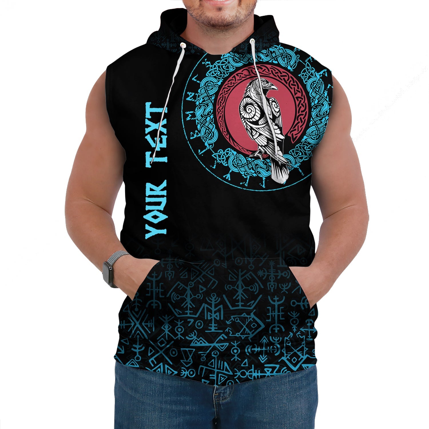 Custom Viking Sleeveless Hoodie Raven Celtic Cyan Tattoo