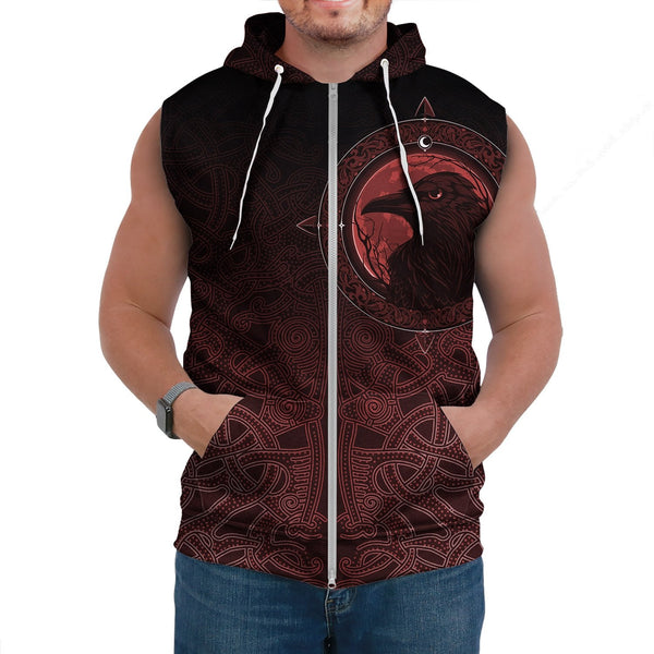 Viking Sleeveless Hoodie Ethnic Odin Raven Red