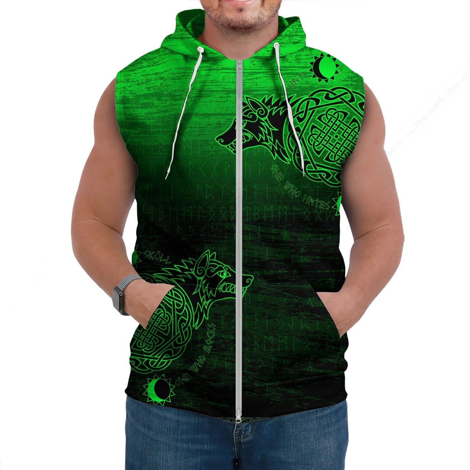 Viking Sleeveless Hoodie Skoll And Hati Green