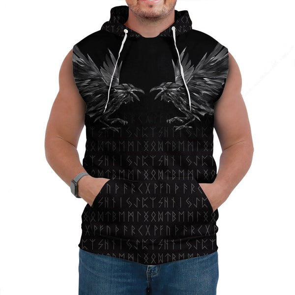 Viking Sleeveless Hoodie Odin Huginn and Muninn Rune