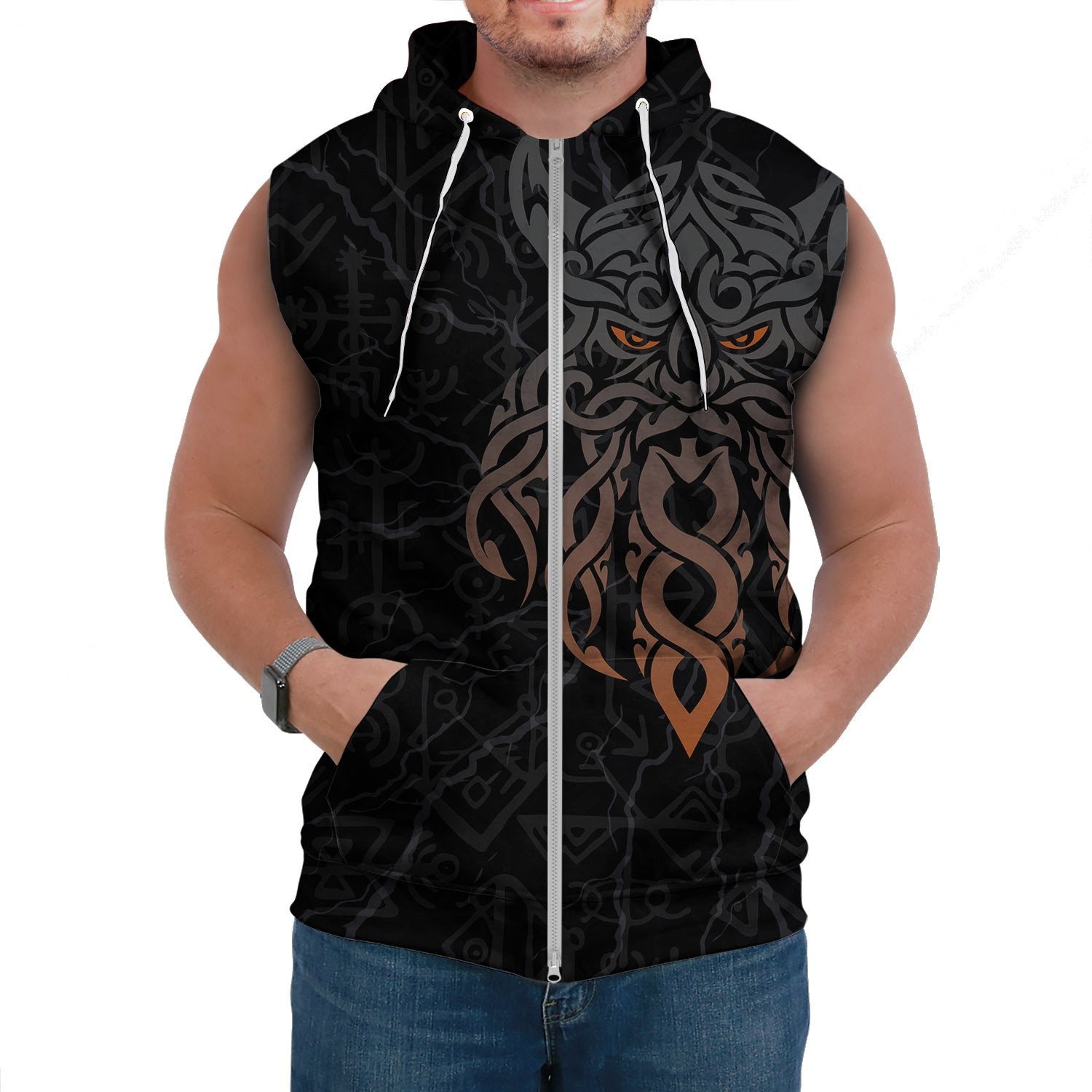 Viking Sleeveless Hoodie Odin God Furthark Tattoo Special