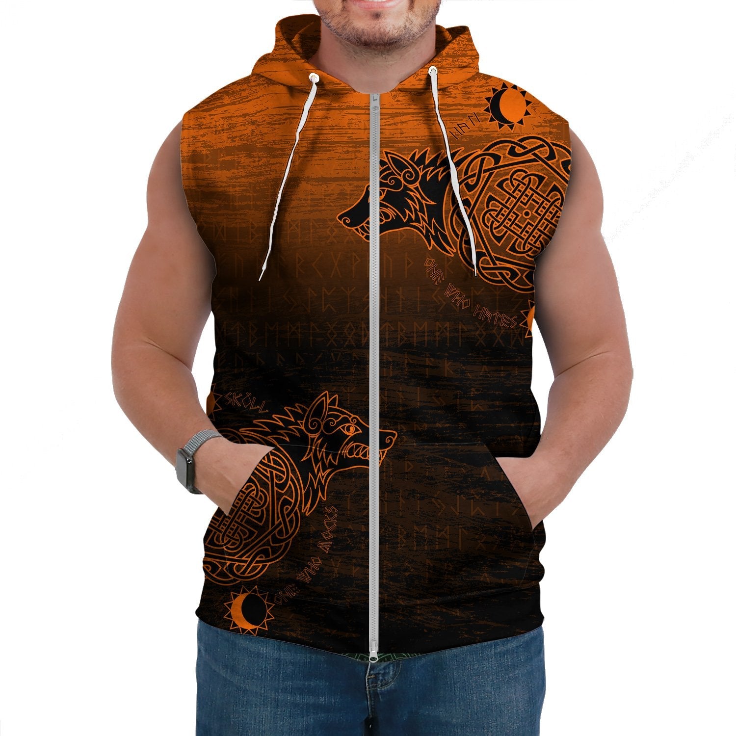 Viking Sleeveless Hoodie Skoll And Hati Orange